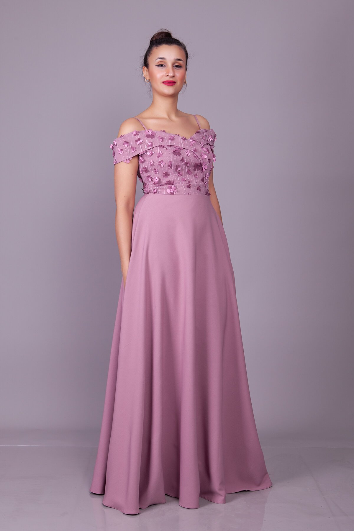 Long Flared Floral Tulle Detail Strappy Off-Shoulder Evening Dress - Dark Rose - Bidoluelbise