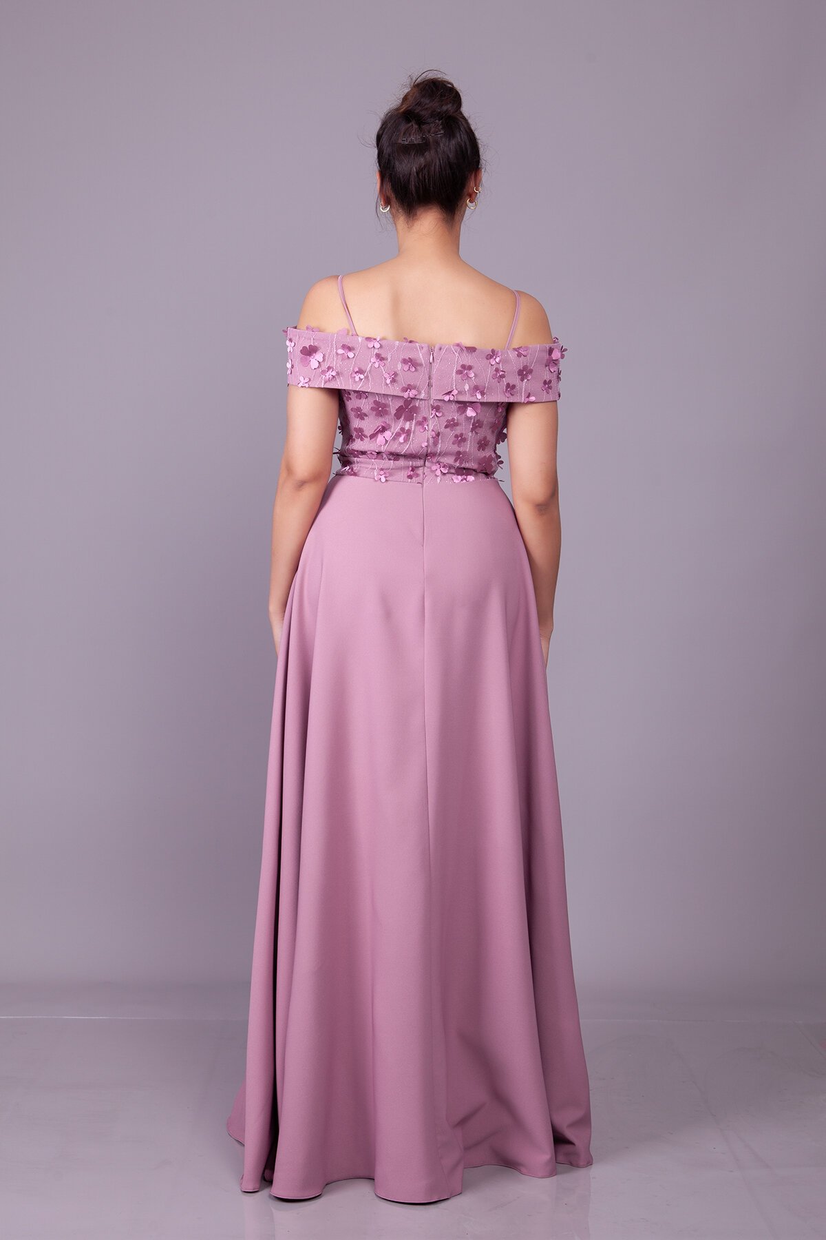 Long Flared Floral Tulle Detail Strappy Off-Shoulder Evening Dress - Dark Rose - Bidoluelbise