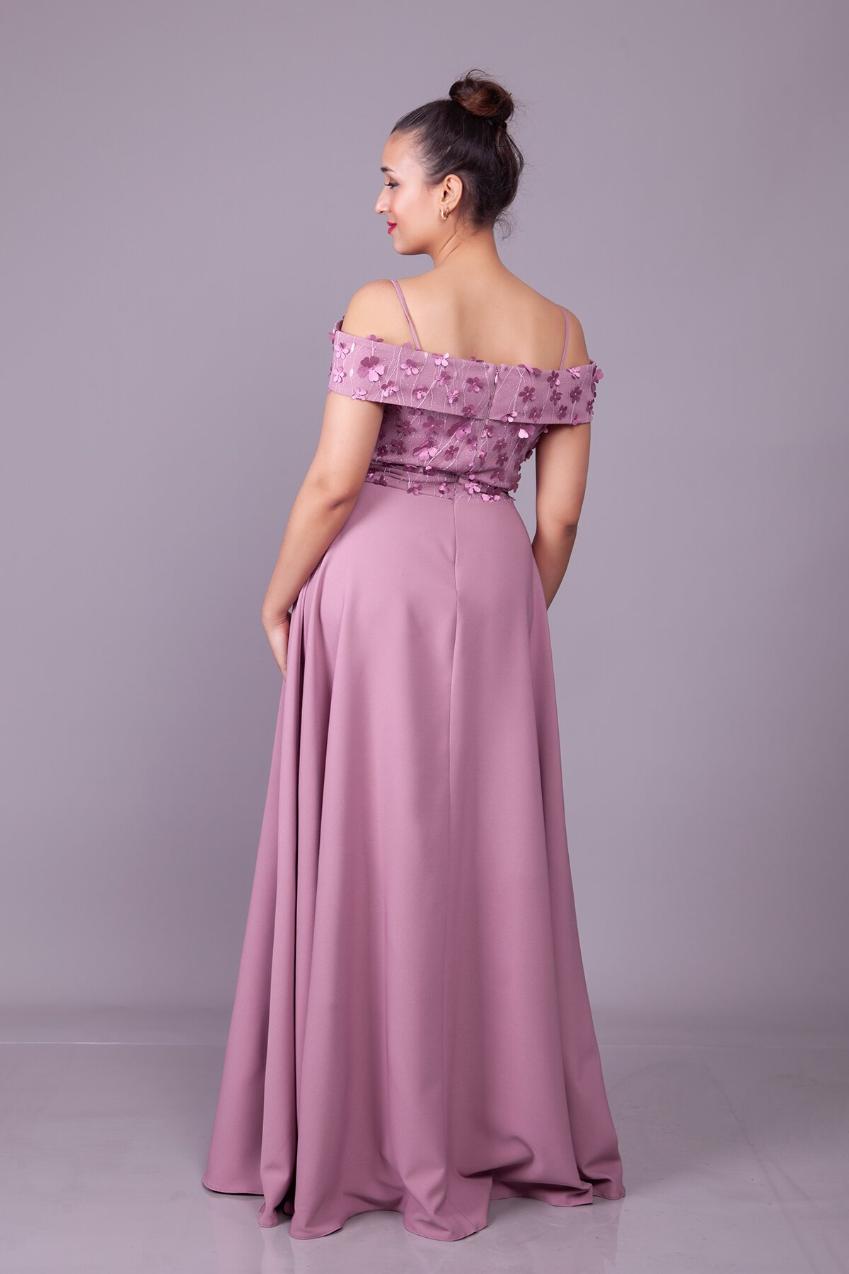 Long Flared Floral Tulle Detail Strappy Off-Shoulder Evening Dress - Dark Rose - Bidoluelbise