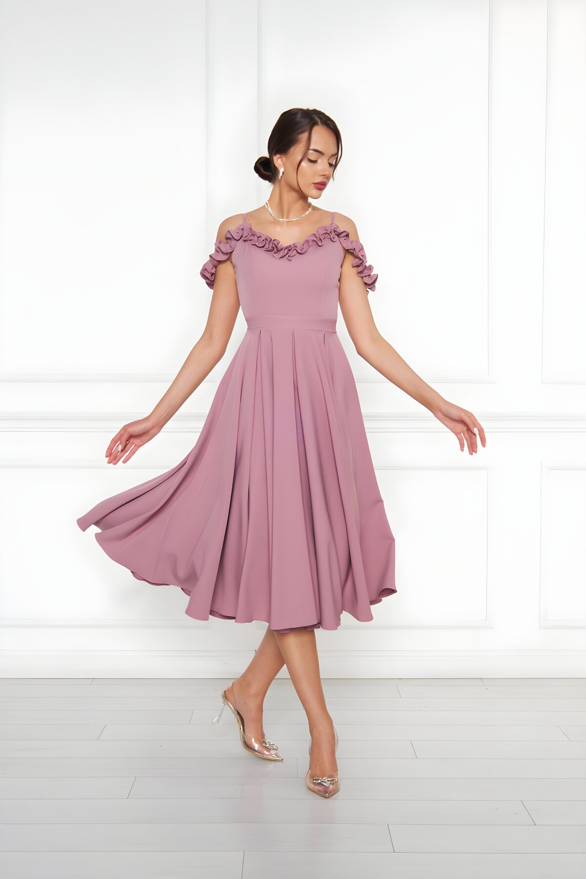 Midi Flared Pleated Adjustable Strap Ruffle Detail Evening Dress - Dark Rose - Bidoluelbise