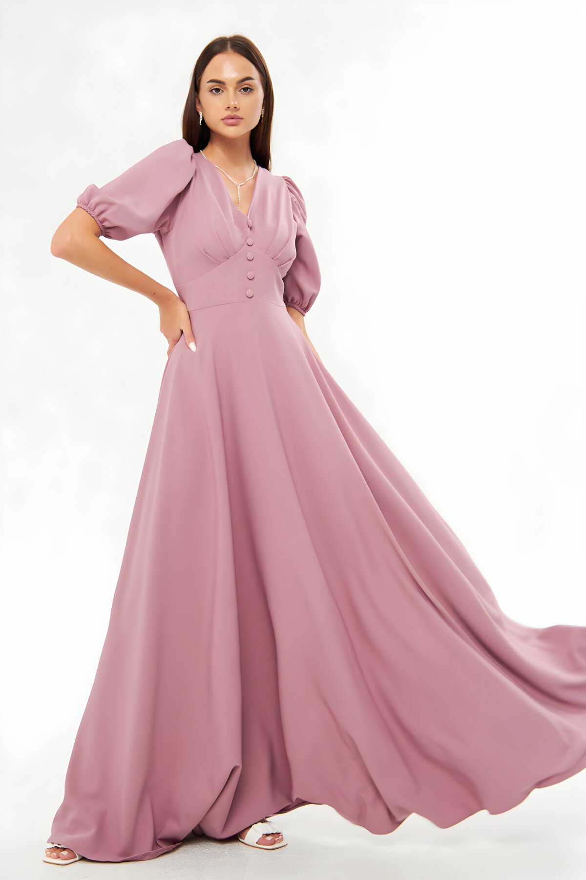 Long V-Neck Balloon Sleeve Corsage Belt Detail Evening Dress - Dark Rose - Bidoluelbise