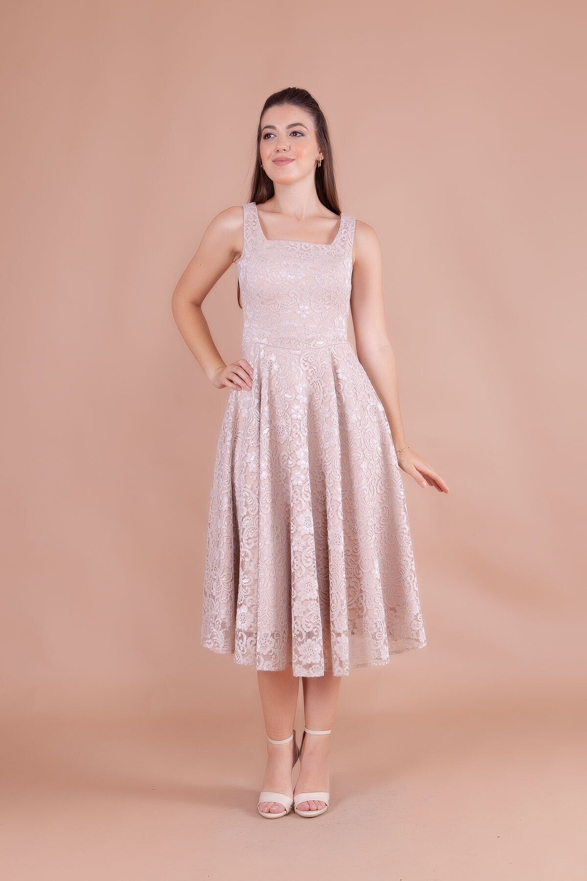 Midi French Lace Square Neck Thick Strap Evening Dress - Cream - Bidoluelbise