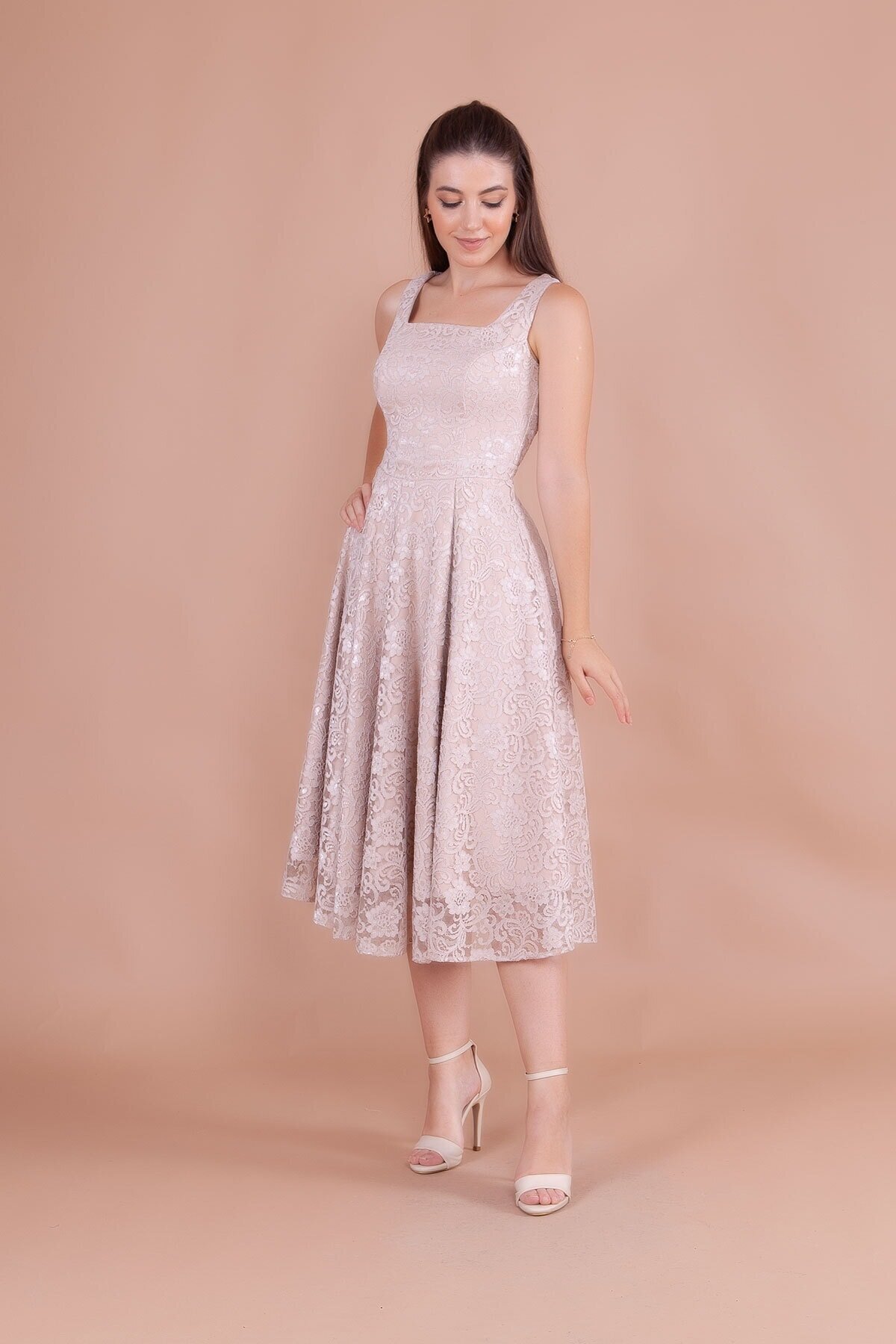 Midi French Lace Square Neck Thick Strap Evening Dress - Cream - Bidoluelbise