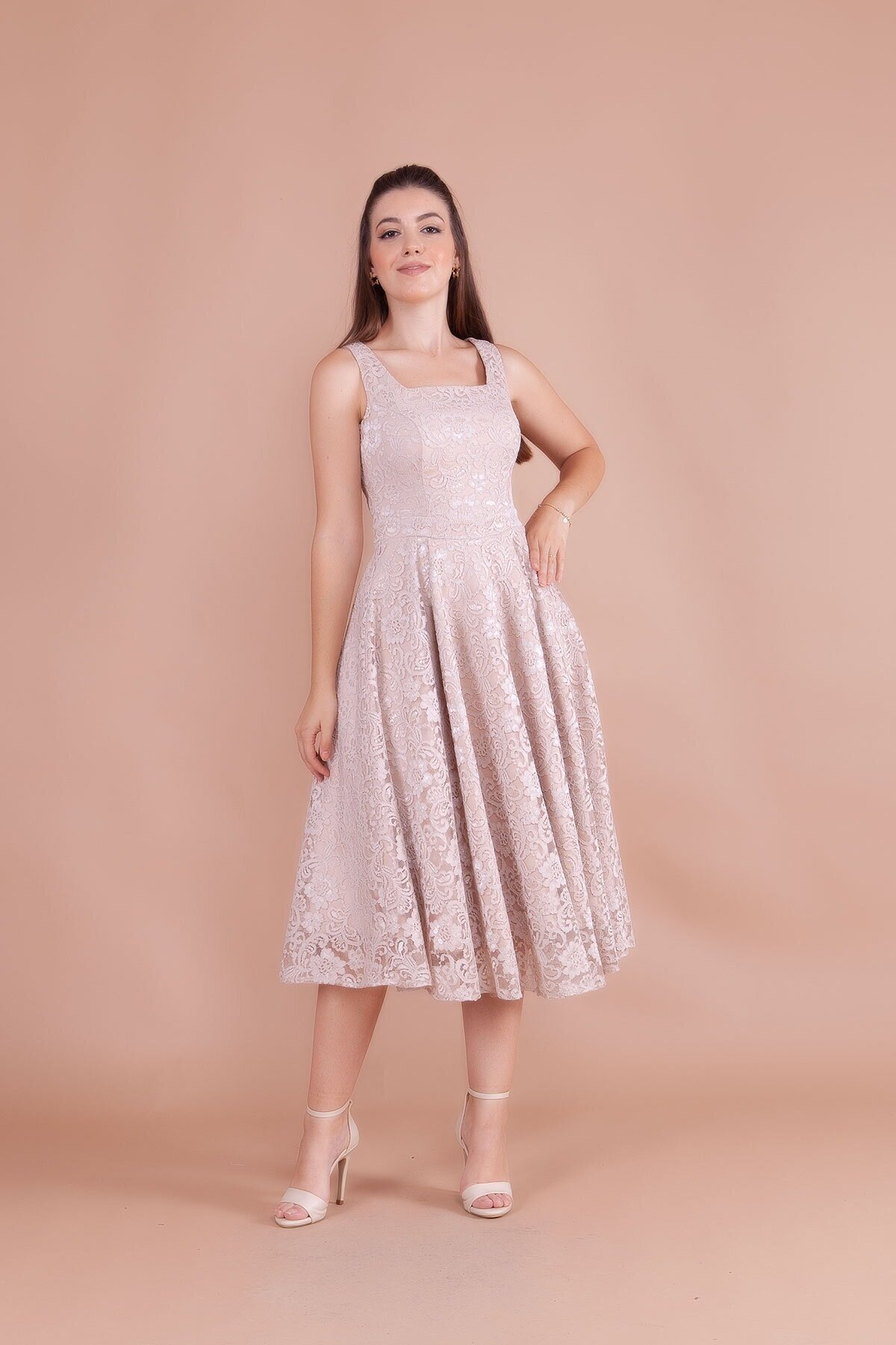 Midi French Lace Square Neck Thick Strap Evening Dress - Cream - Bidoluelbise