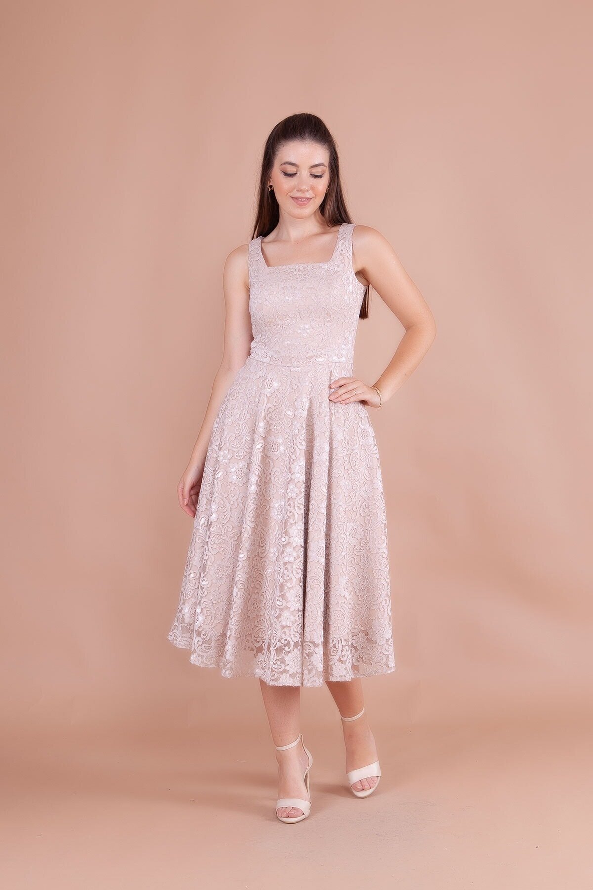 Midi French Lace Square Neck Thick Strap Evening Dress - Cream - Bidoluelbise