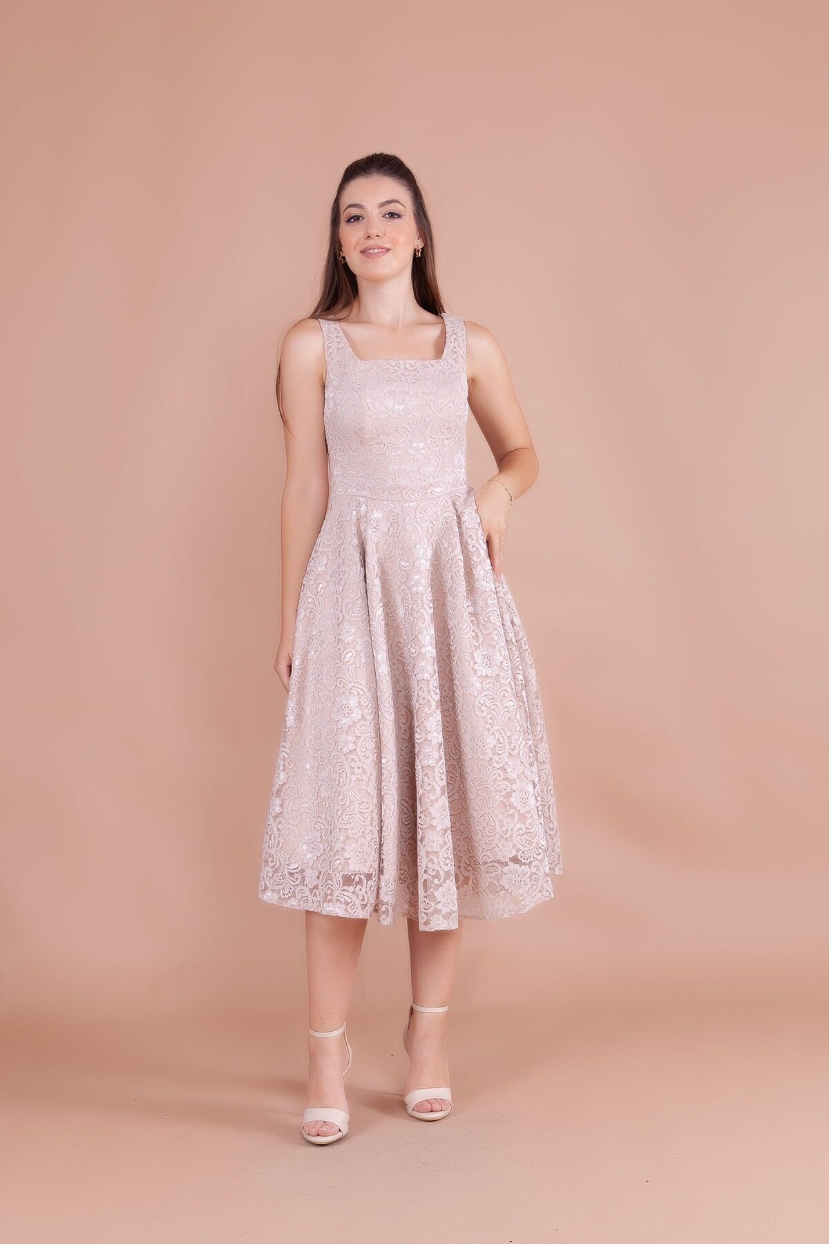 Midi French Lace Square Neck Thick Strap Evening Dress - Cream - Bidoluelbise