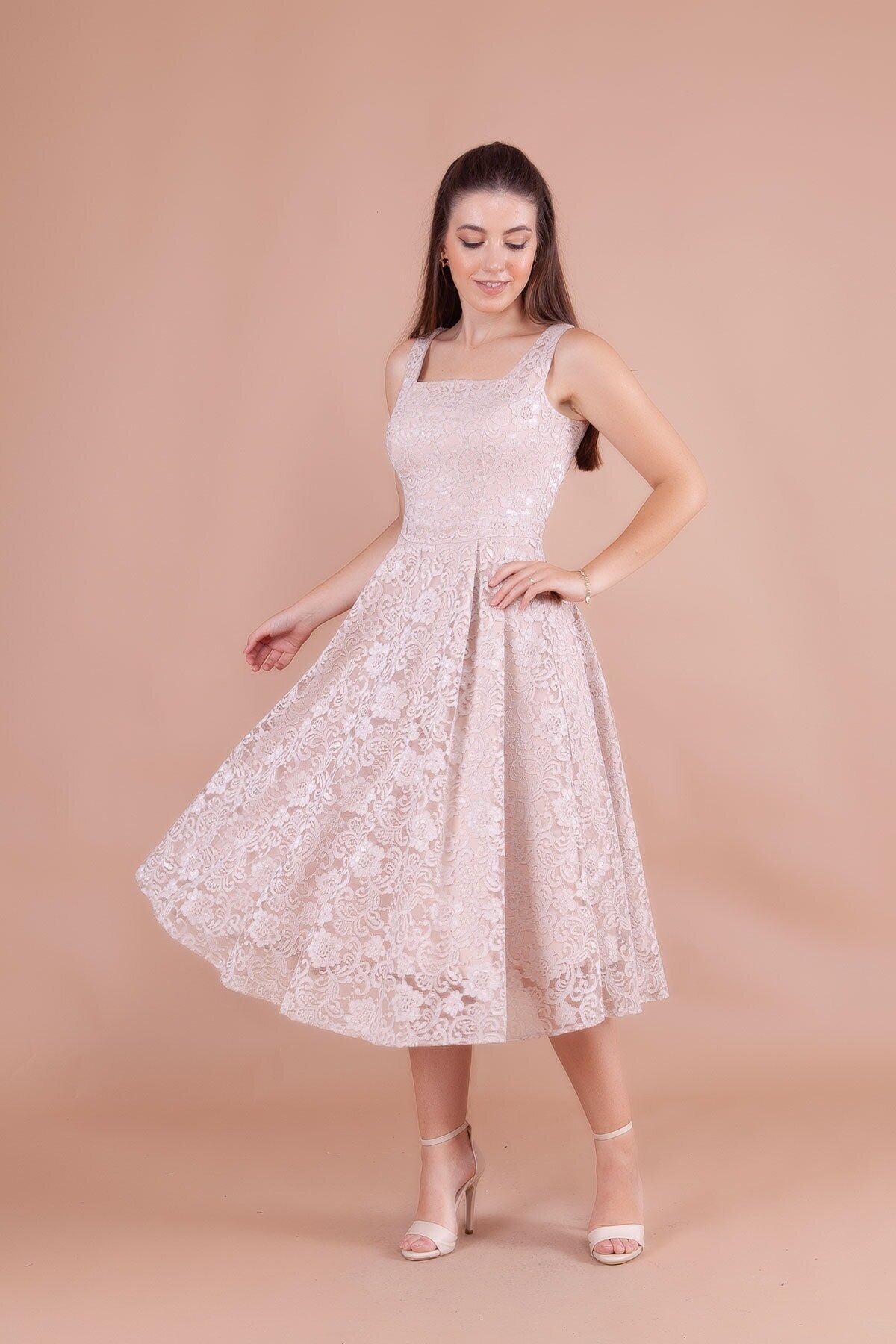 Midi French Lace Square Neck Thick Strap Evening Dress - Cream - Bidoluelbise