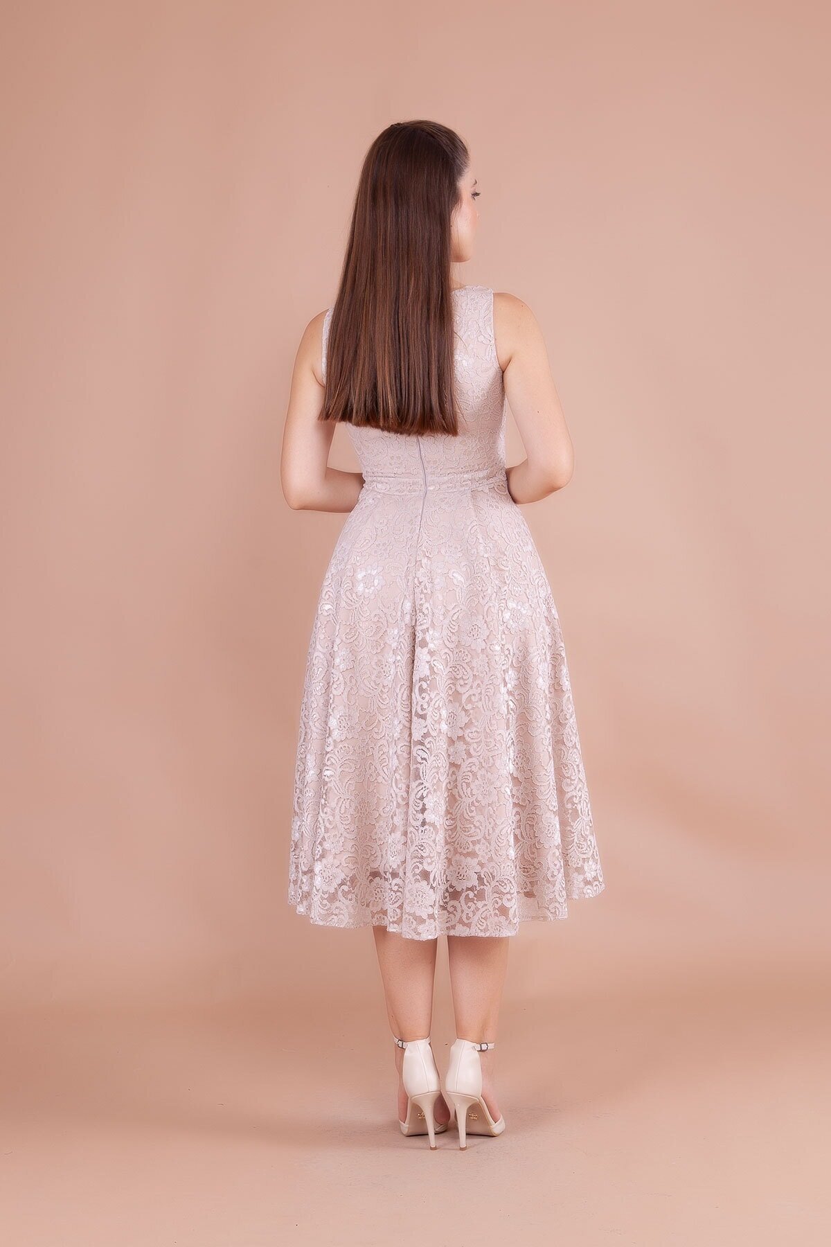 Midi French Lace Square Neck Thick Strap Evening Dress - Cream - Bidoluelbise