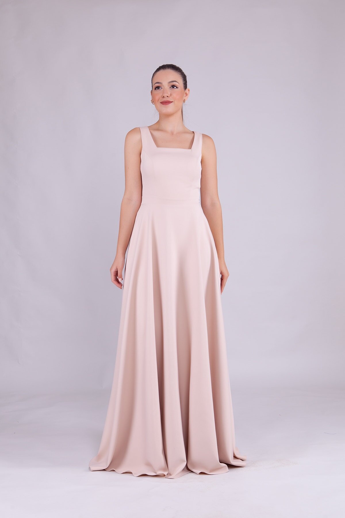 Krem Uzun Kare Yaka Abiye Elbise - Bidoluelbise