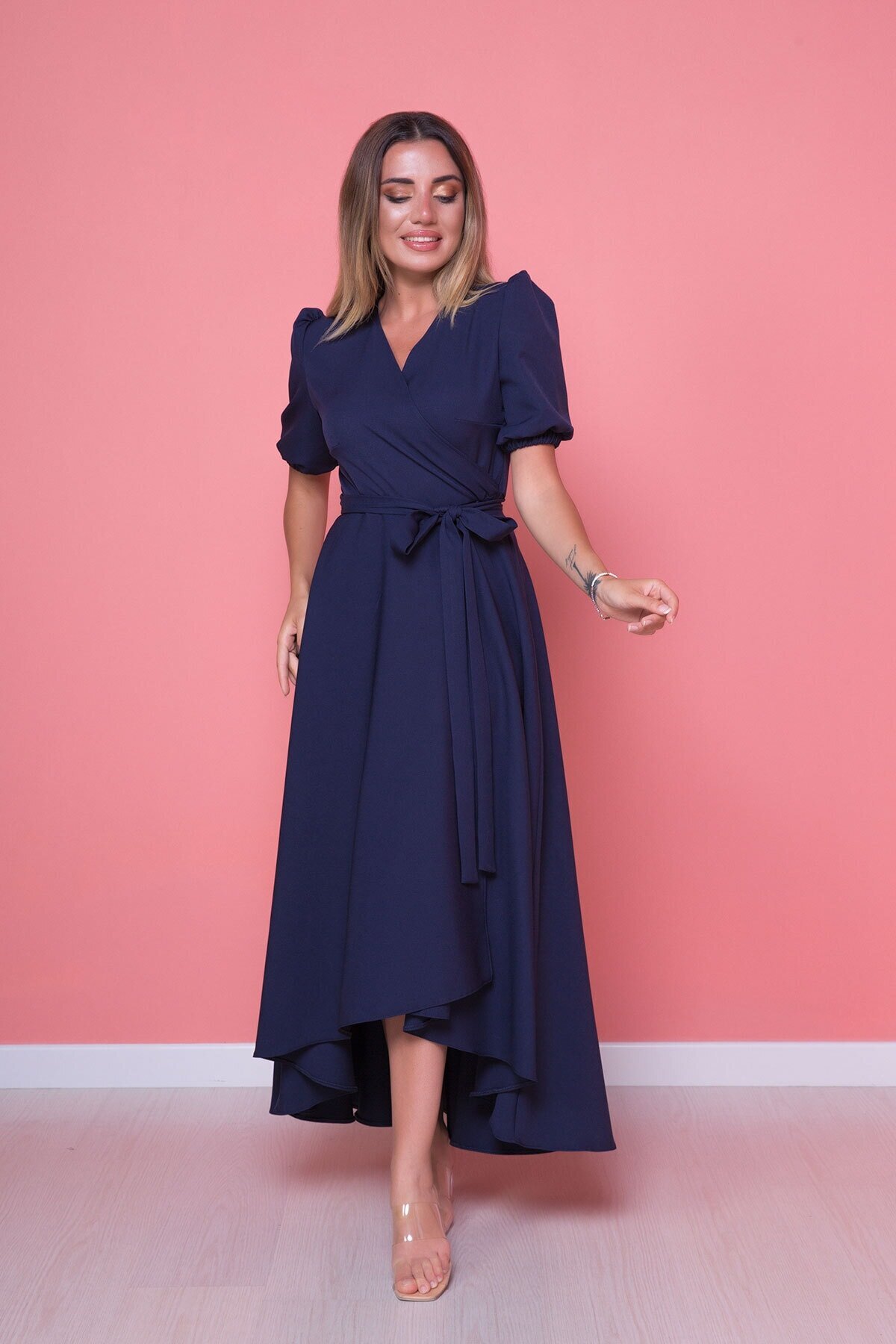 Midi Plus Size Asymmetric Cut Dress - Navy Blue - Bidoluelbise