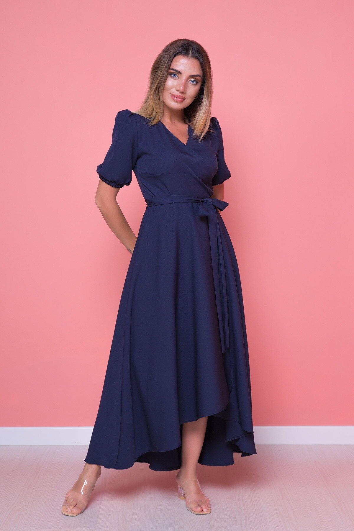 Midi Plus Size Asymmetric Cut Dress - Navy Blue - Bidoluelbise