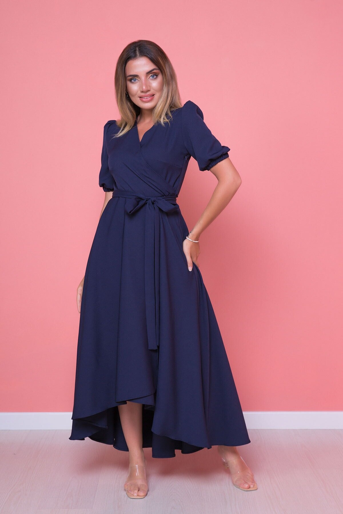Midi Plus Size Asymmetric Cut Dress - Navy Blue - Bidoluelbise