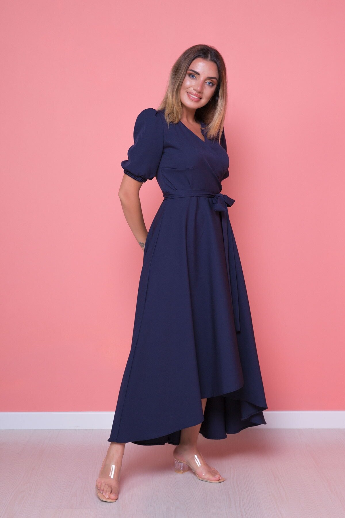 Midi Plus Size Asymmetric Cut Dress - Navy Blue - Bidoluelbise