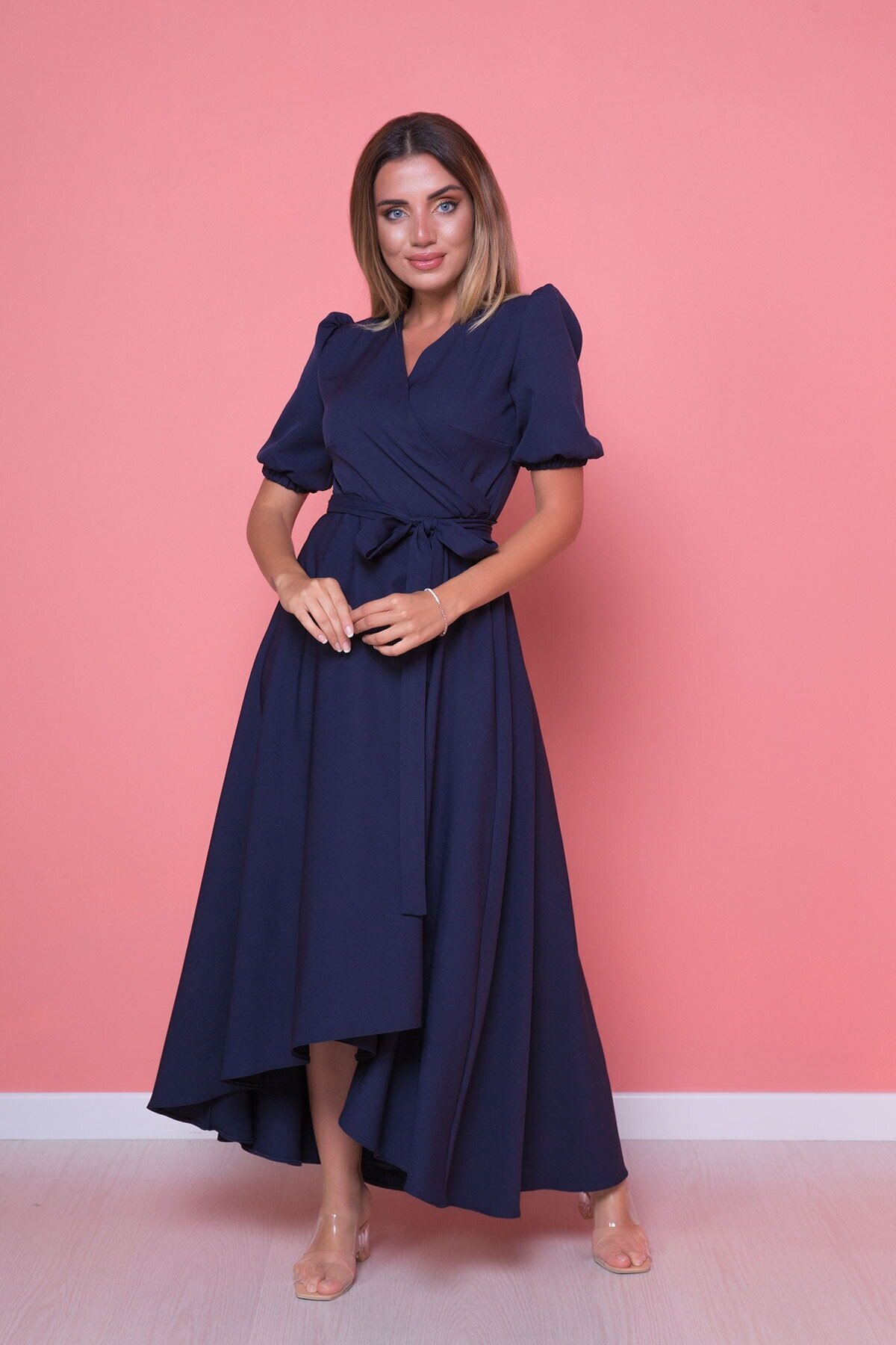 Midi Plus Size Asymmetric Cut Dress - Navy Blue - Bidoluelbise