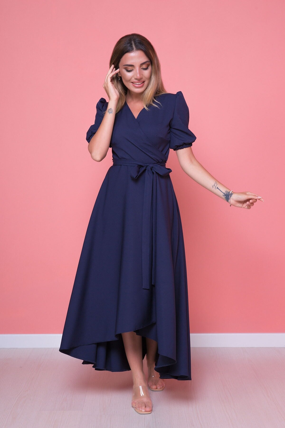 Midi Plus Size Asymmetric Cut Dress - Navy Blue - Bidoluelbise