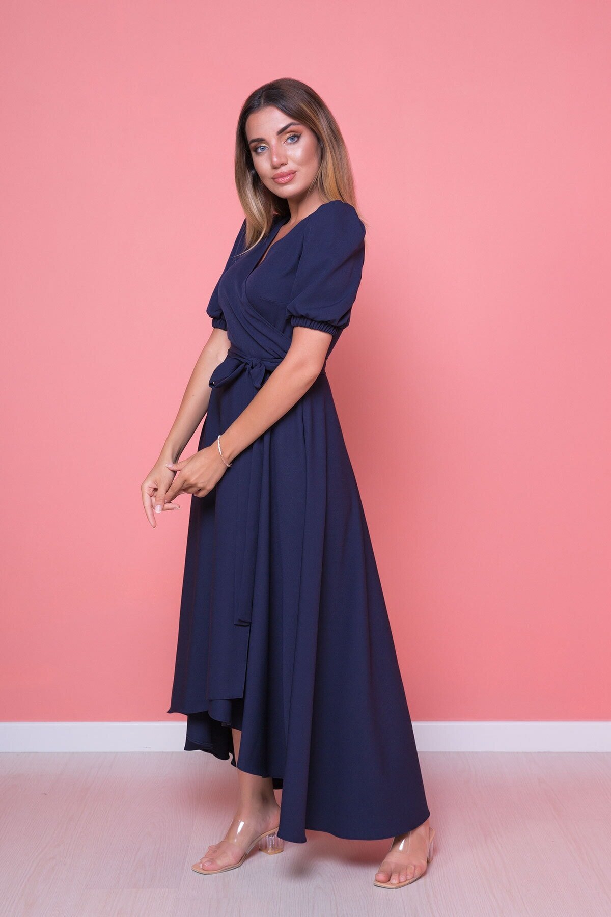 Midi Plus Size Asymmetric Cut Dress - Navy Blue - Bidoluelbise