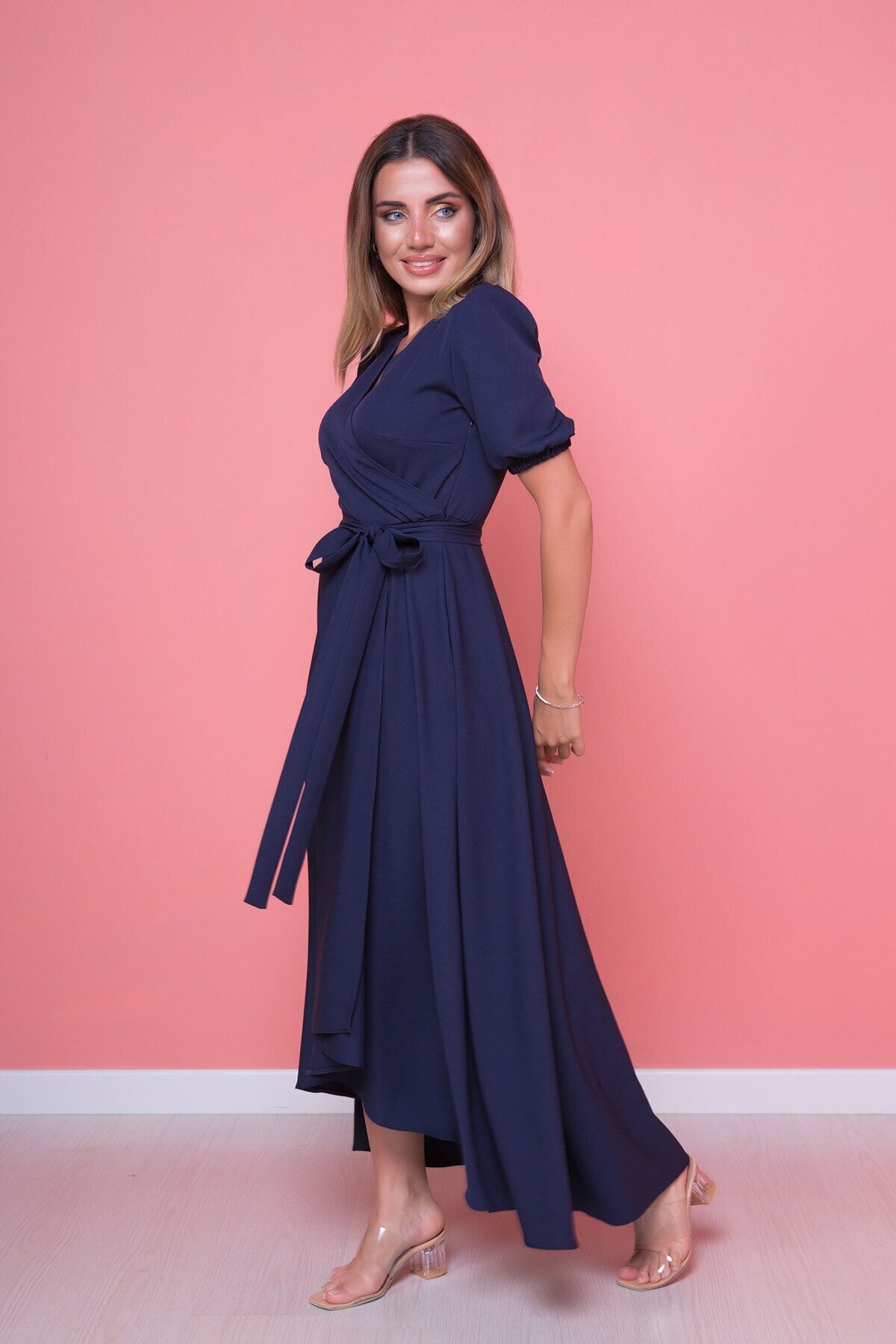 Midi Plus Size Asymmetric Cut Dress - Navy Blue - Bidoluelbise