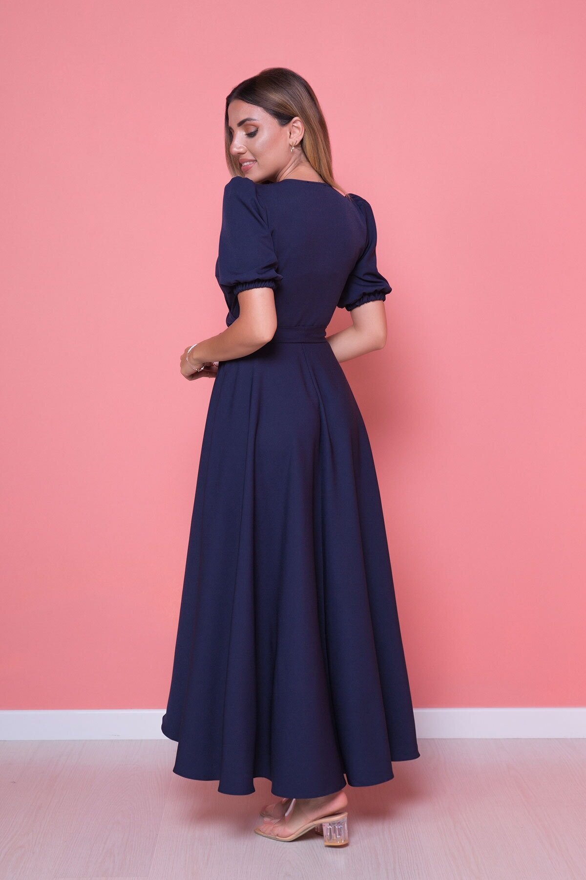 Midi Plus Size Asymmetric Cut Dress - Navy Blue - Bidoluelbise