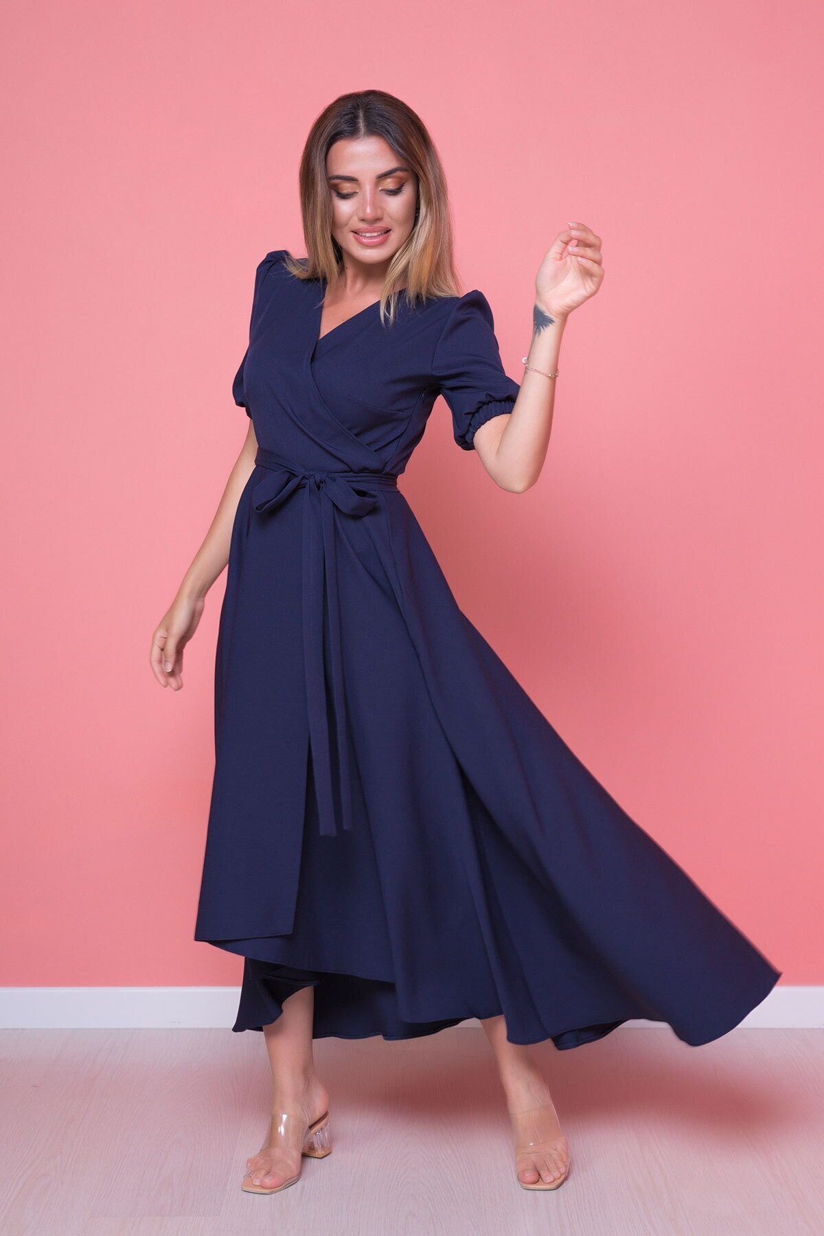 Midi Plus Size Asymmetric Cut Dress - Navy Blue - Bidoluelbise