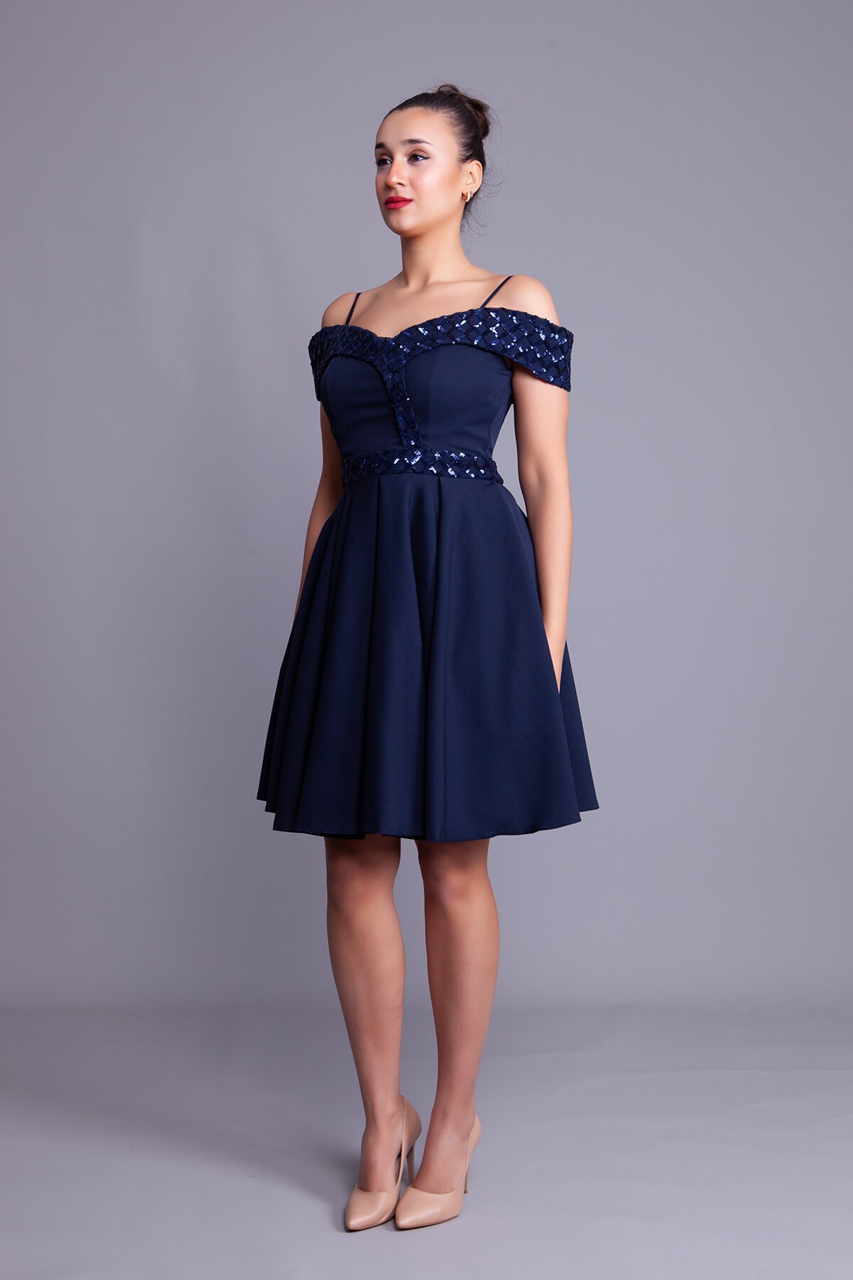 Mini Flared Strappy Off-Shoulder Checkered Sequin-Detail Evening Dress - Navy Blue - Bidoluelbise