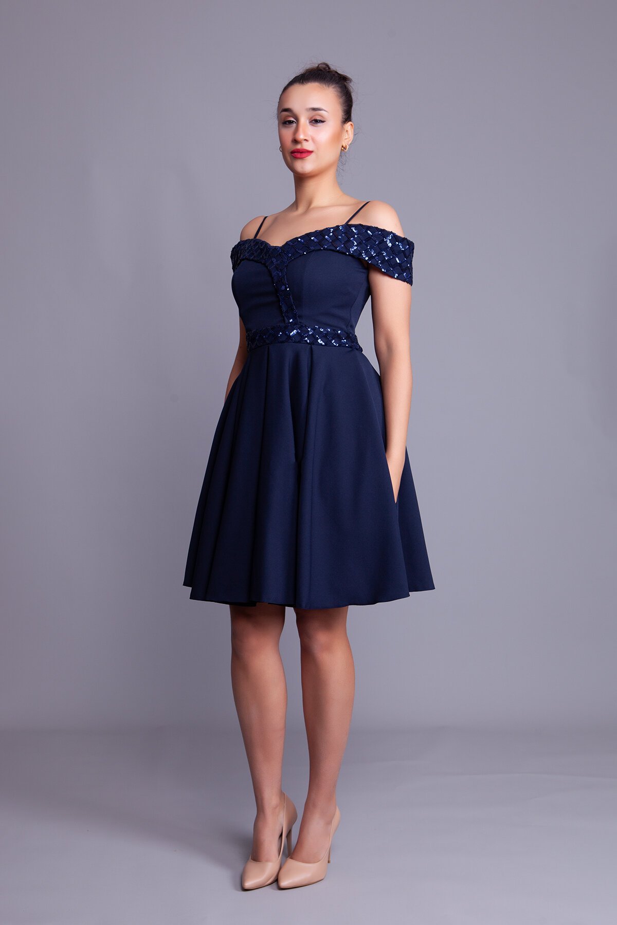 Mini Flared Strappy Off-Shoulder Checkered Sequin-Detail Evening Dress - Navy Blue - Bidoluelbise