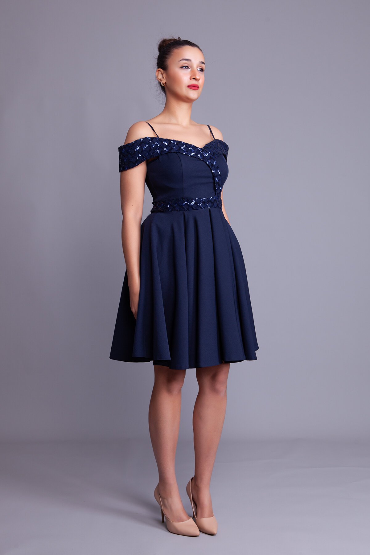 Mini Flared Strappy Off-Shoulder Checkered Sequin-Detail Evening Dress - Navy Blue - Bidoluelbise