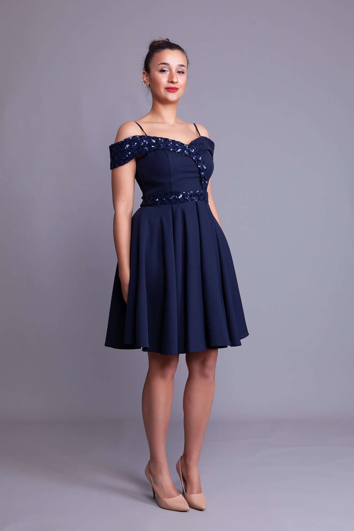 Mini Flared Strappy Off-Shoulder Checkered Sequin-Detail Evening Dress - Navy Blue - Bidoluelbise
