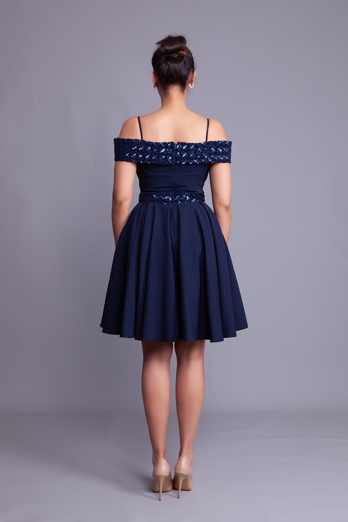 Mini Flared Strappy Off-Shoulder Checkered Sequin-Detail Evening Dress - Navy Blue - Bidoluelbise