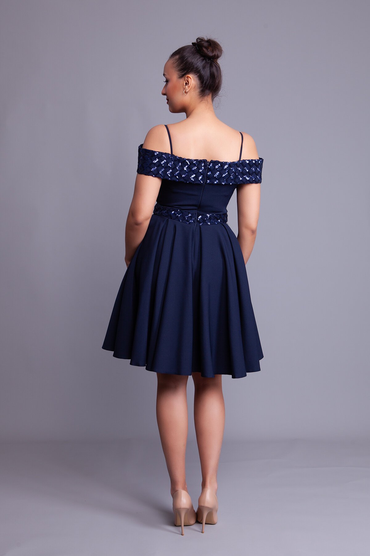 Mini Flared Strappy Off-Shoulder Checkered Sequin-Detail Evening Dress - Navy Blue - Bidoluelbise