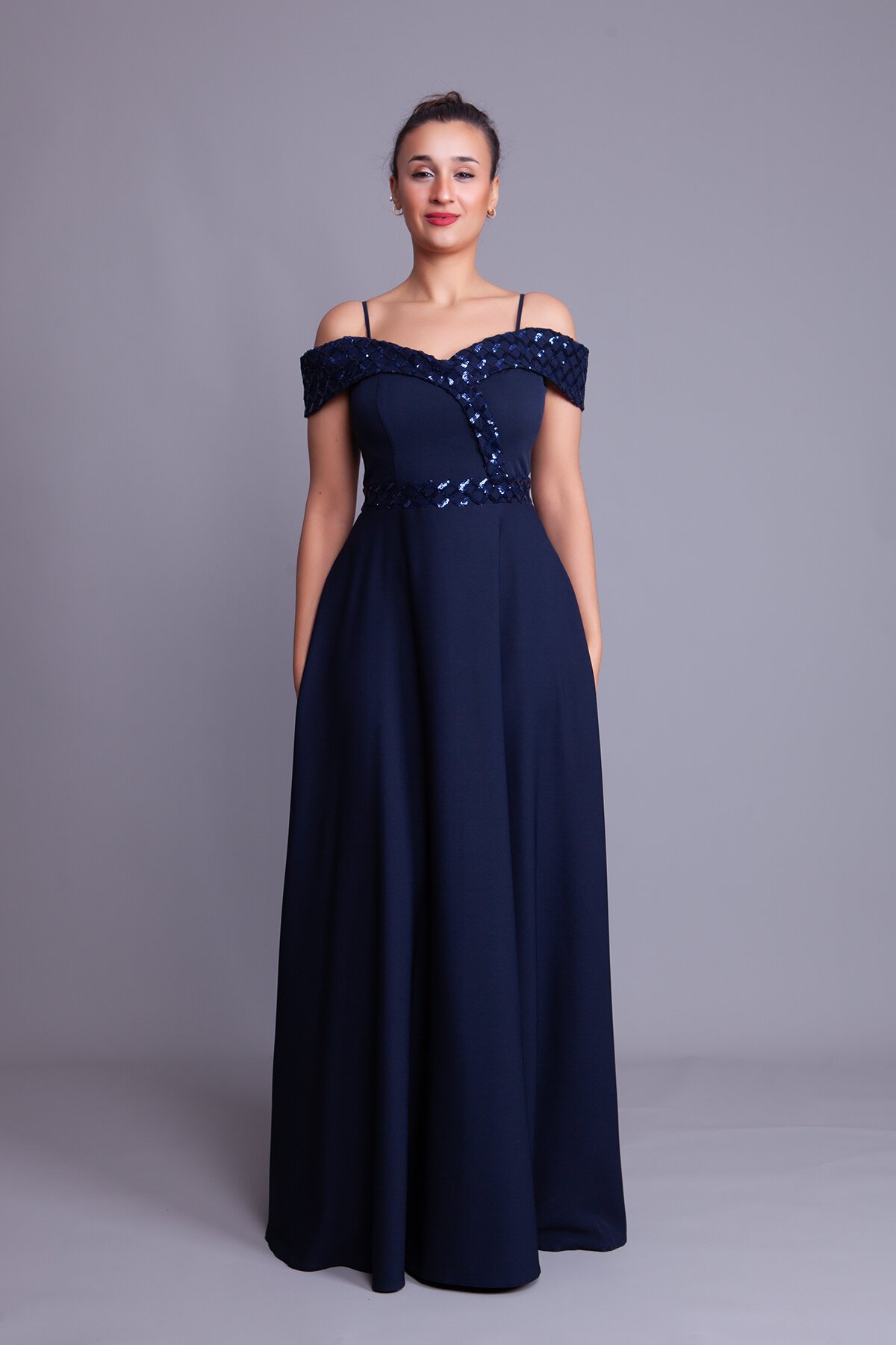 Long Flared Plaid Sequin Detail Evening Dress - Navy - Bidoluelbise