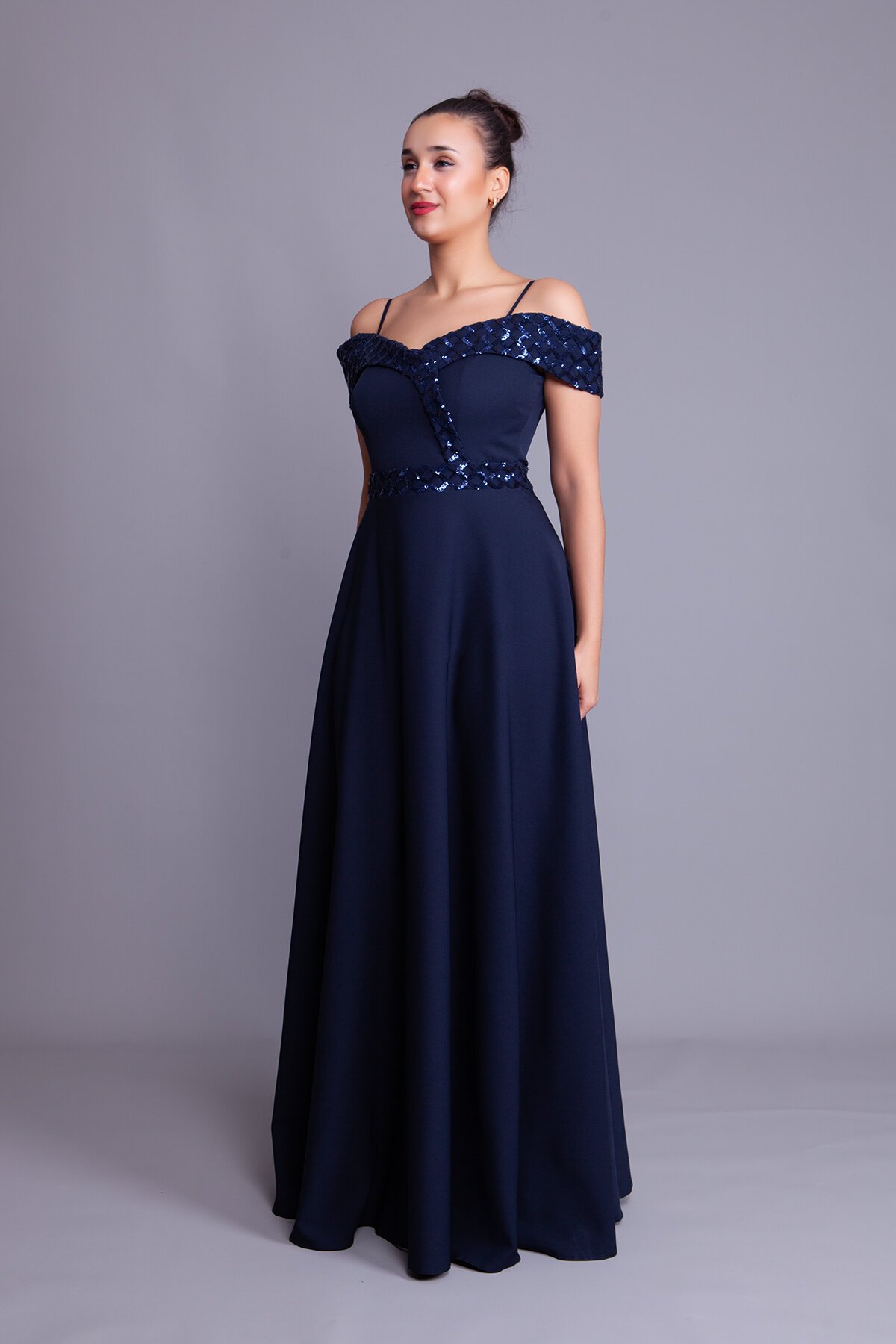 Long Flared Plaid Sequin Detail Evening Dress - Navy - Bidoluelbise