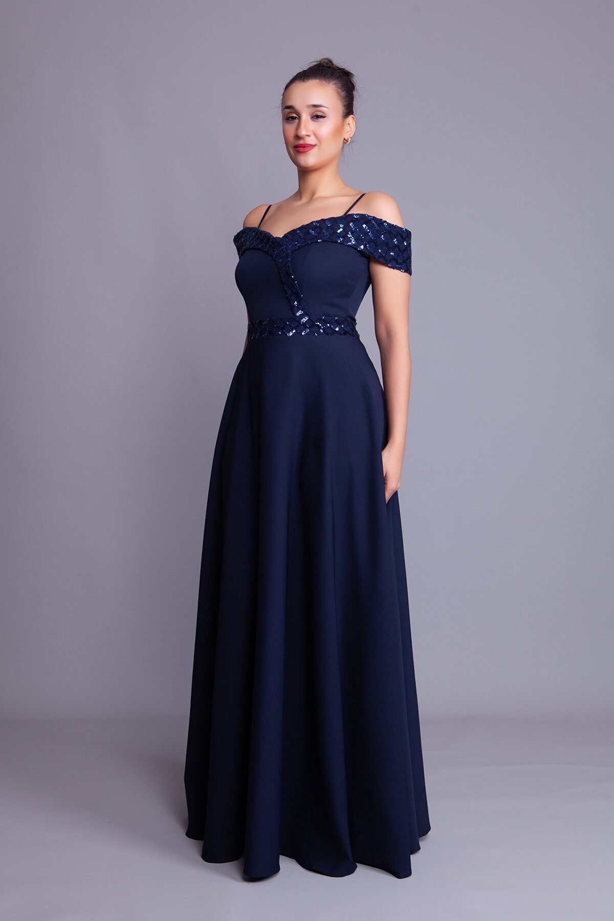 Long Flared Plaid Sequin Detail Evening Dress - Navy - Bidoluelbise