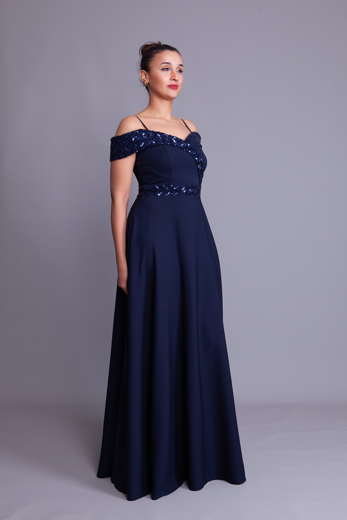 Long Flared Plaid Sequin Detail Evening Dress - Navy - Bidoluelbise