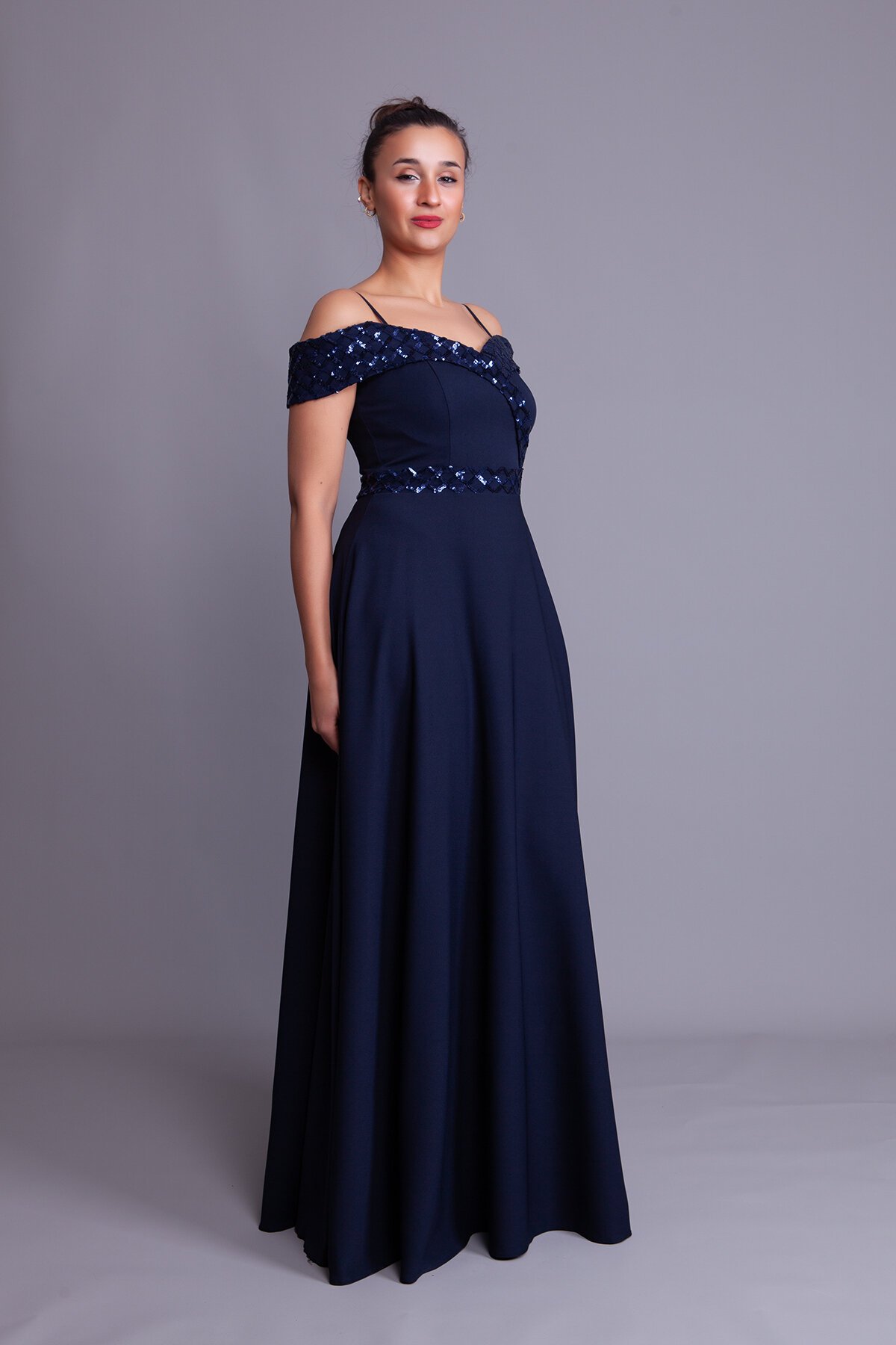 Long Flared Plaid Sequin Detail Evening Dress - Navy - Bidoluelbise