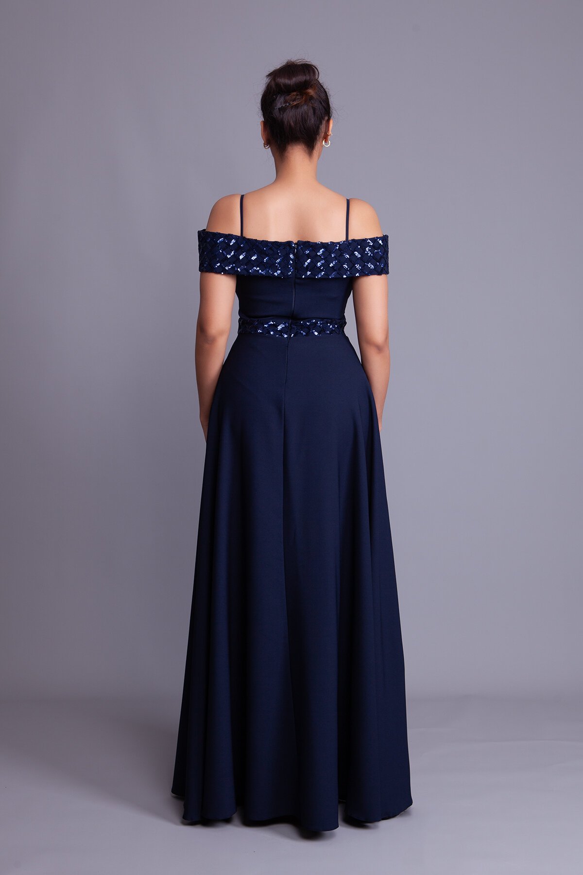 Long Flared Plaid Sequin Detail Evening Dress - Navy - Bidoluelbise