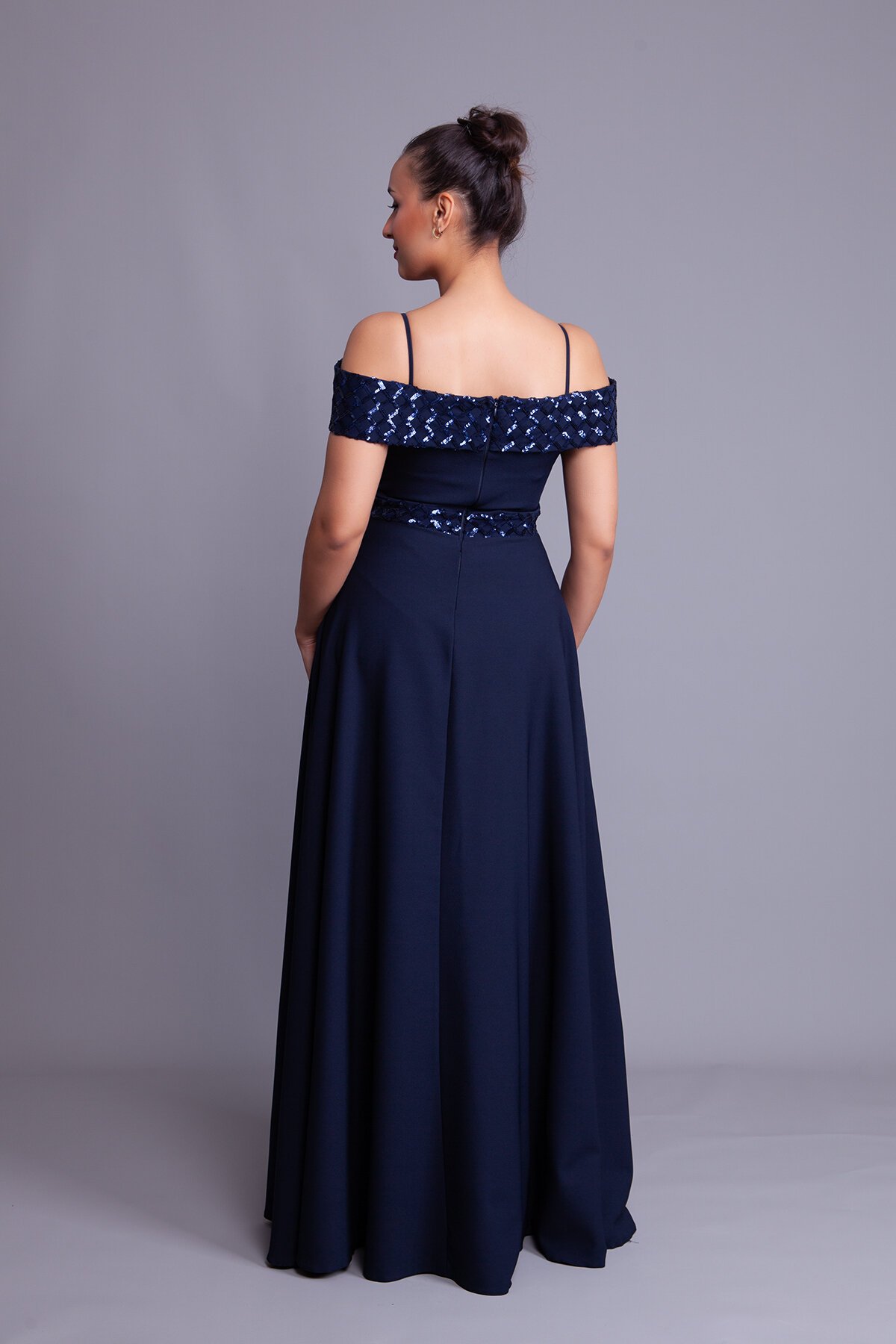 Long Flared Plaid Sequin Detail Evening Dress - Navy - Bidoluelbise