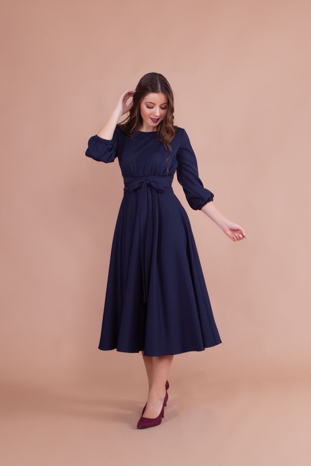 Midi Plus Size Dress - Navy Blue - Bidoluelbise