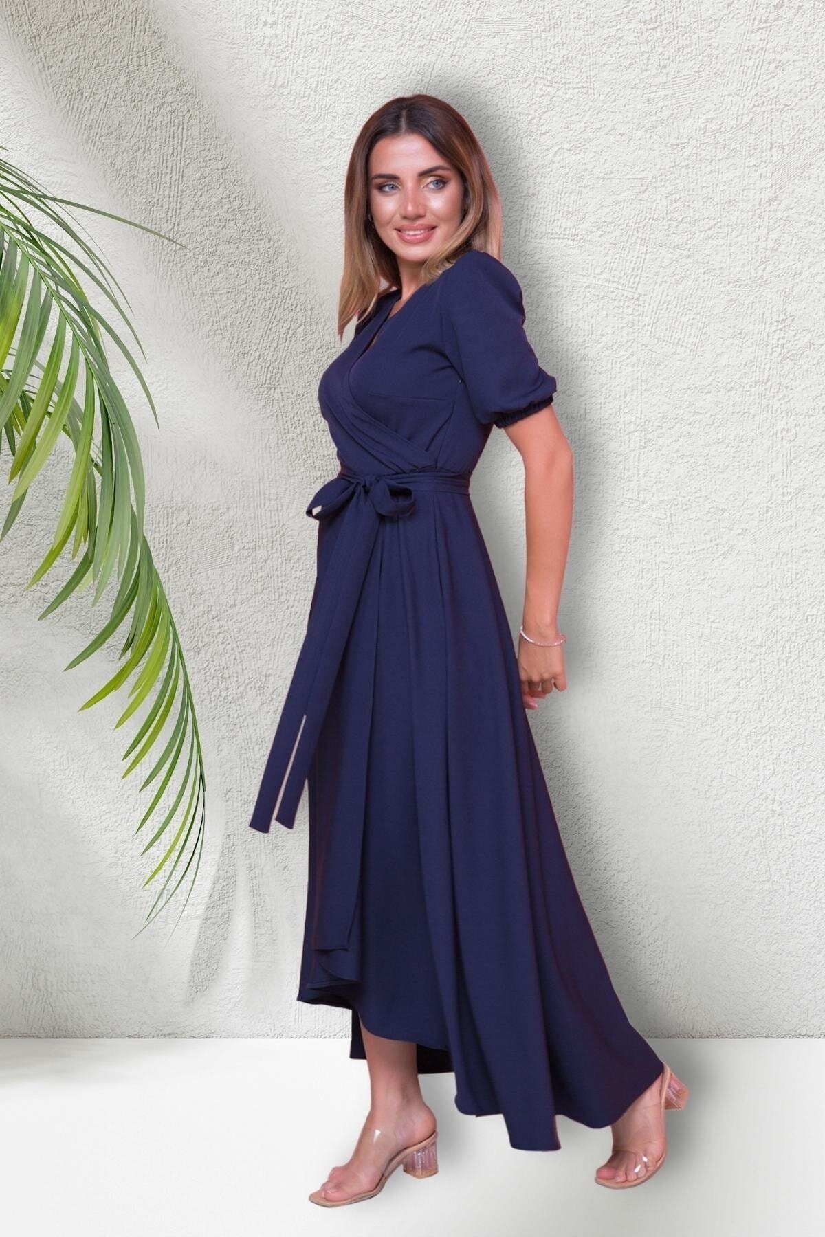Midi Asymmetrical Short Sleeve Wrap Neck Evening Dress - Navy Blue - Bidoluelbise