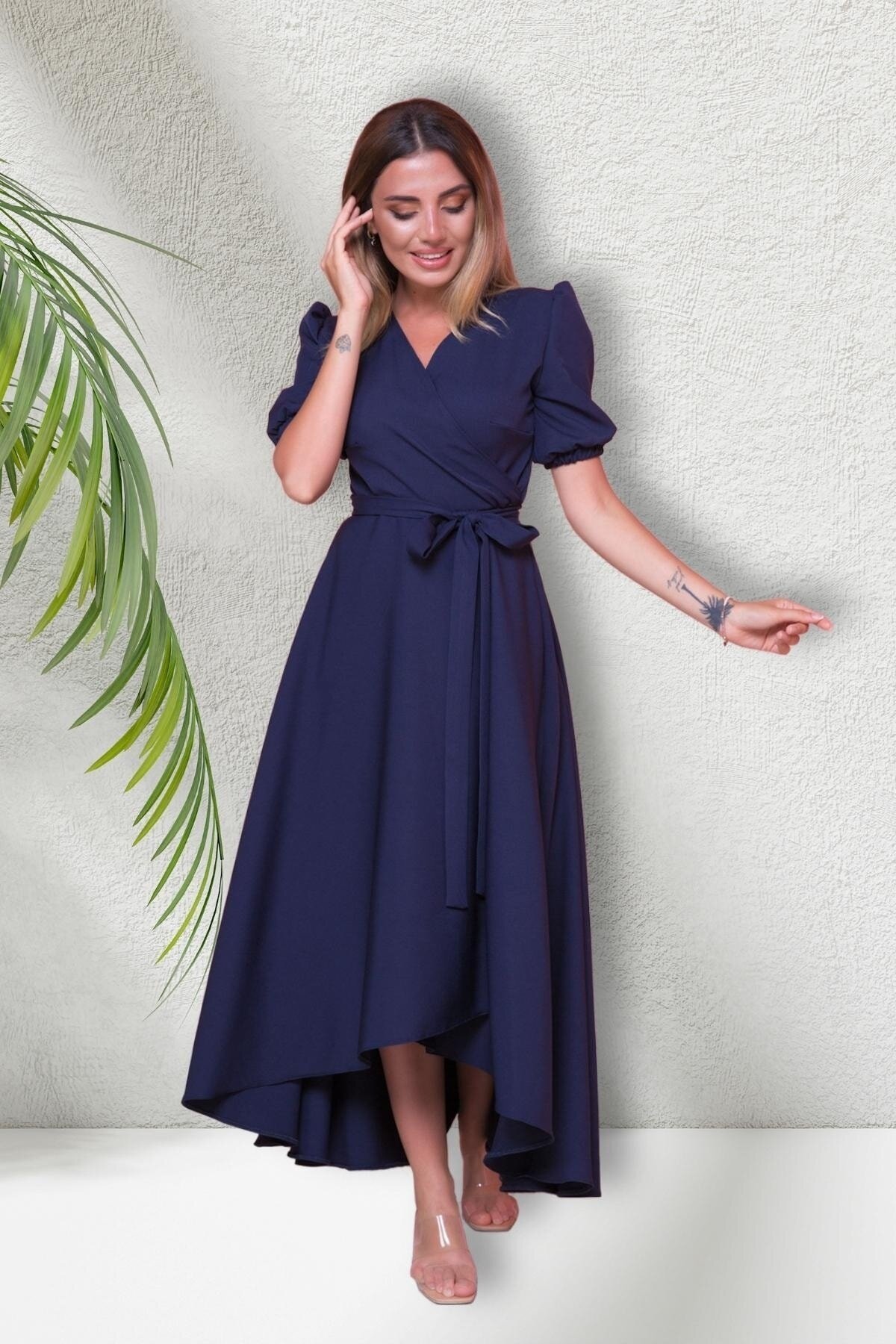 Midi Asymmetrical Short Sleeve Wrap Neck Evening Dress - Navy Blue - Bidoluelbise