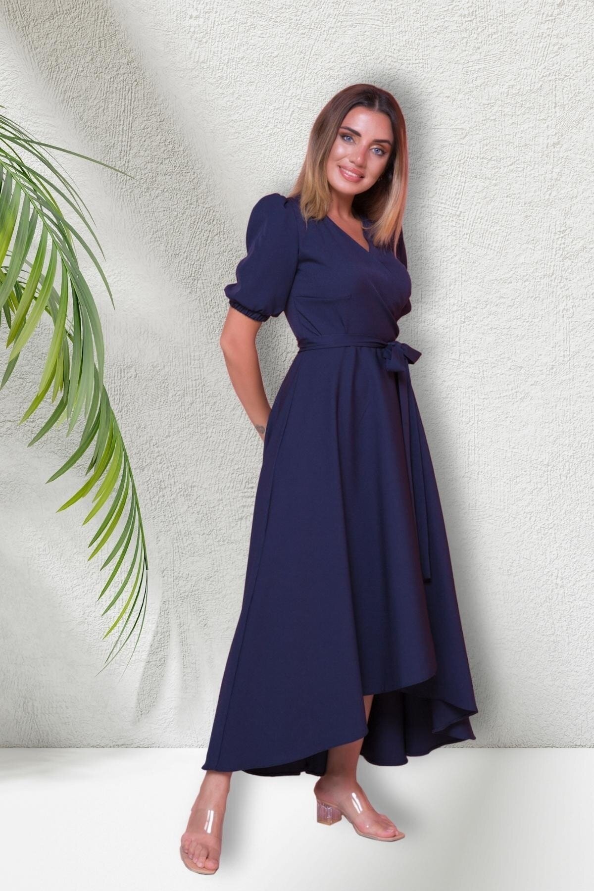 Midi Asymmetrical Short Sleeve Wrap Neck Evening Dress - Navy Blue - Bidoluelbise