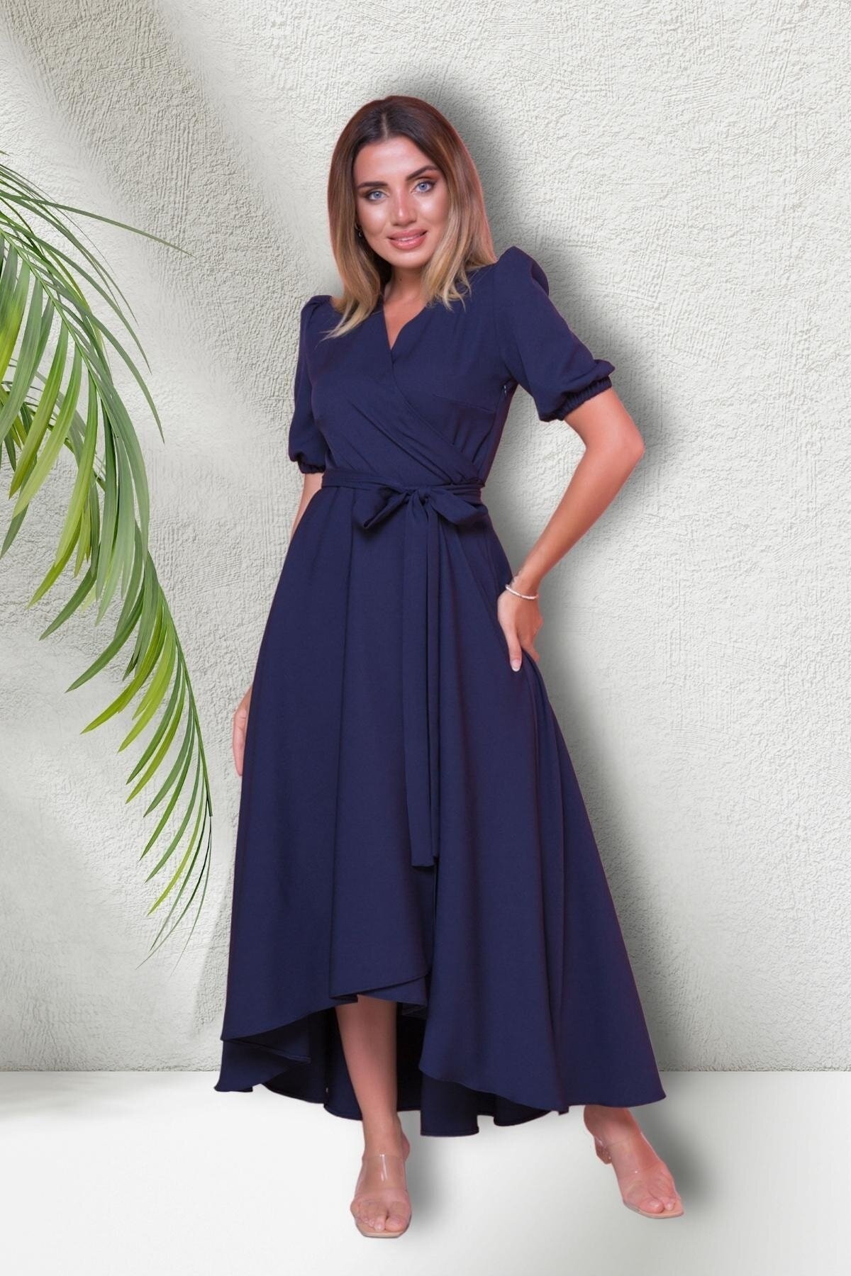 Midi Asymmetrical Short Sleeve Wrap Neck Evening Dress - Navy Blue - Bidoluelbise