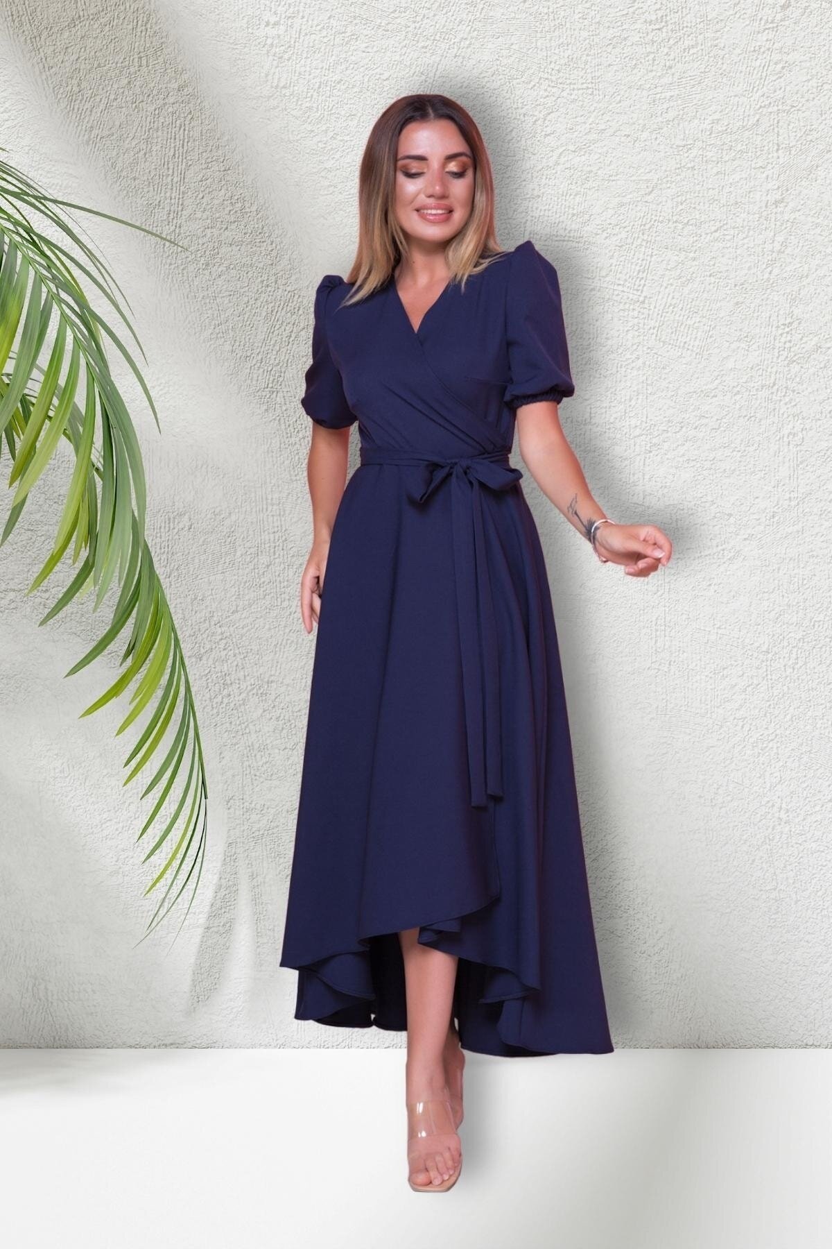 Midi Asymmetrical Short Sleeve Wrap Neck Evening Dress - Navy Blue - Bidoluelbise