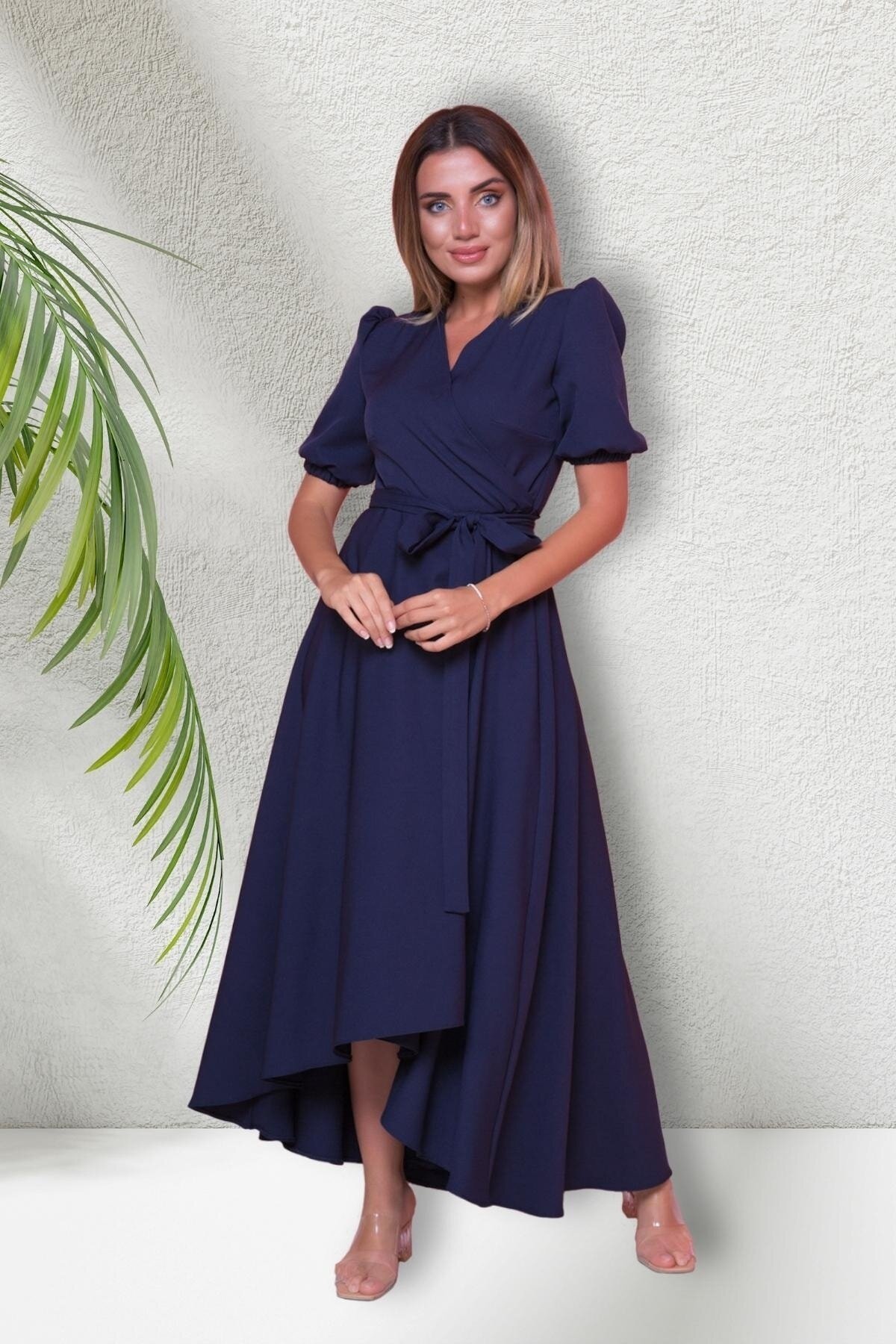 Midi Asymmetrical Short Sleeve Wrap Neck Evening Dress - Navy Blue - Bidoluelbise