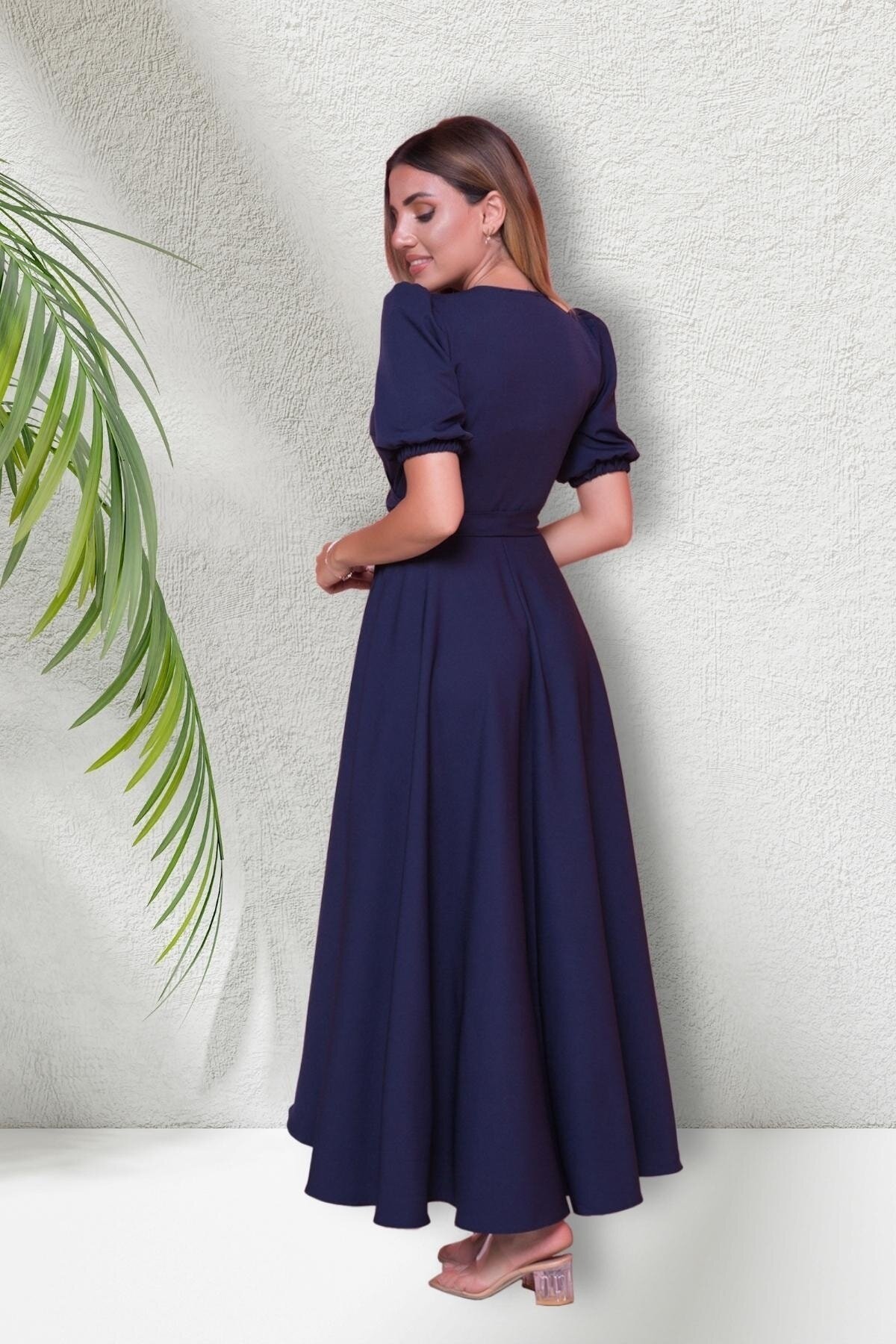 Midi Asymmetrical Short Sleeve Wrap Neck Evening Dress - Navy Blue - Bidoluelbise