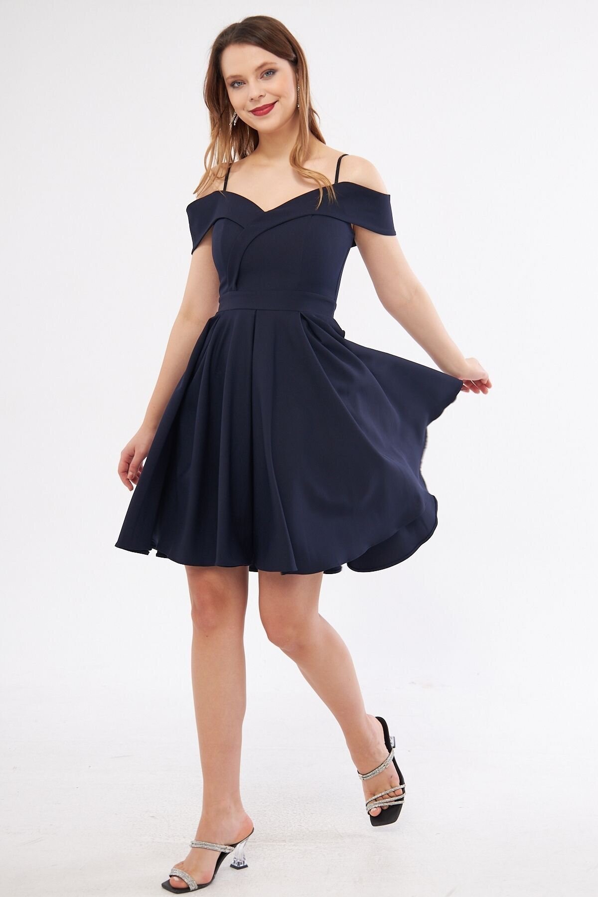 Mini Flared Pleated Strappy Evening Dress - Navy Blue - Bidoluelbise
