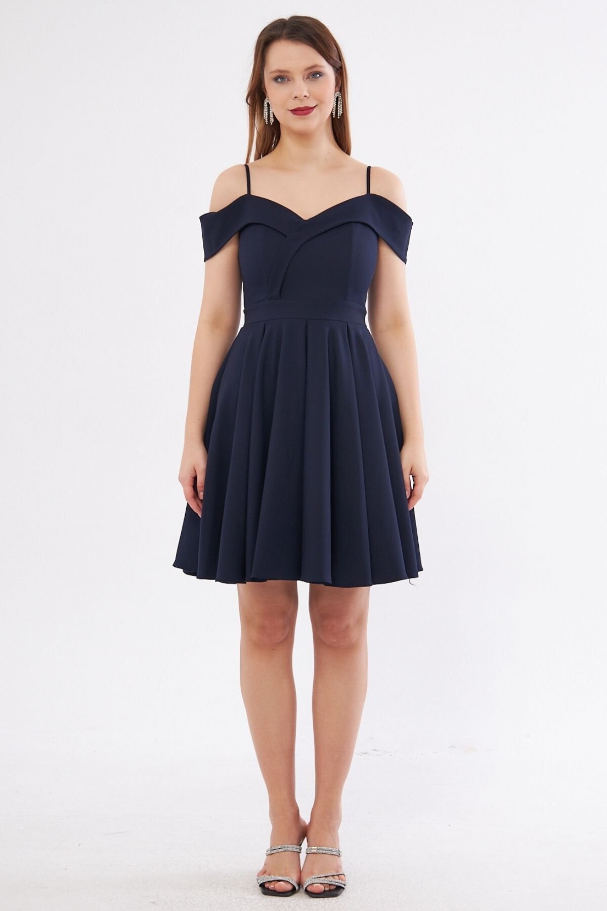 Mini Flared Pleated Strappy Evening Dress - Navy Blue - Bidoluelbise