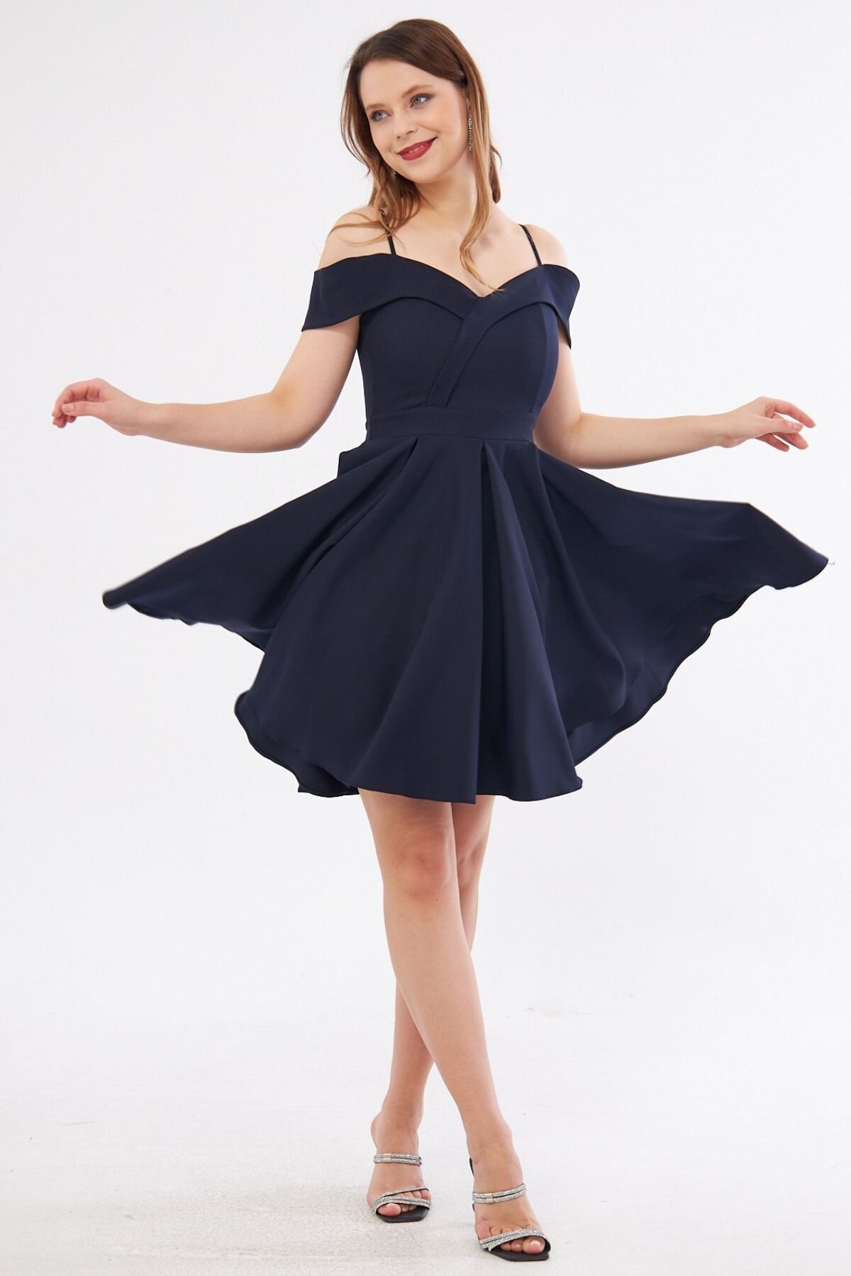 Mini Flared Pleated Strappy Evening Dress - Navy Blue - Bidoluelbise