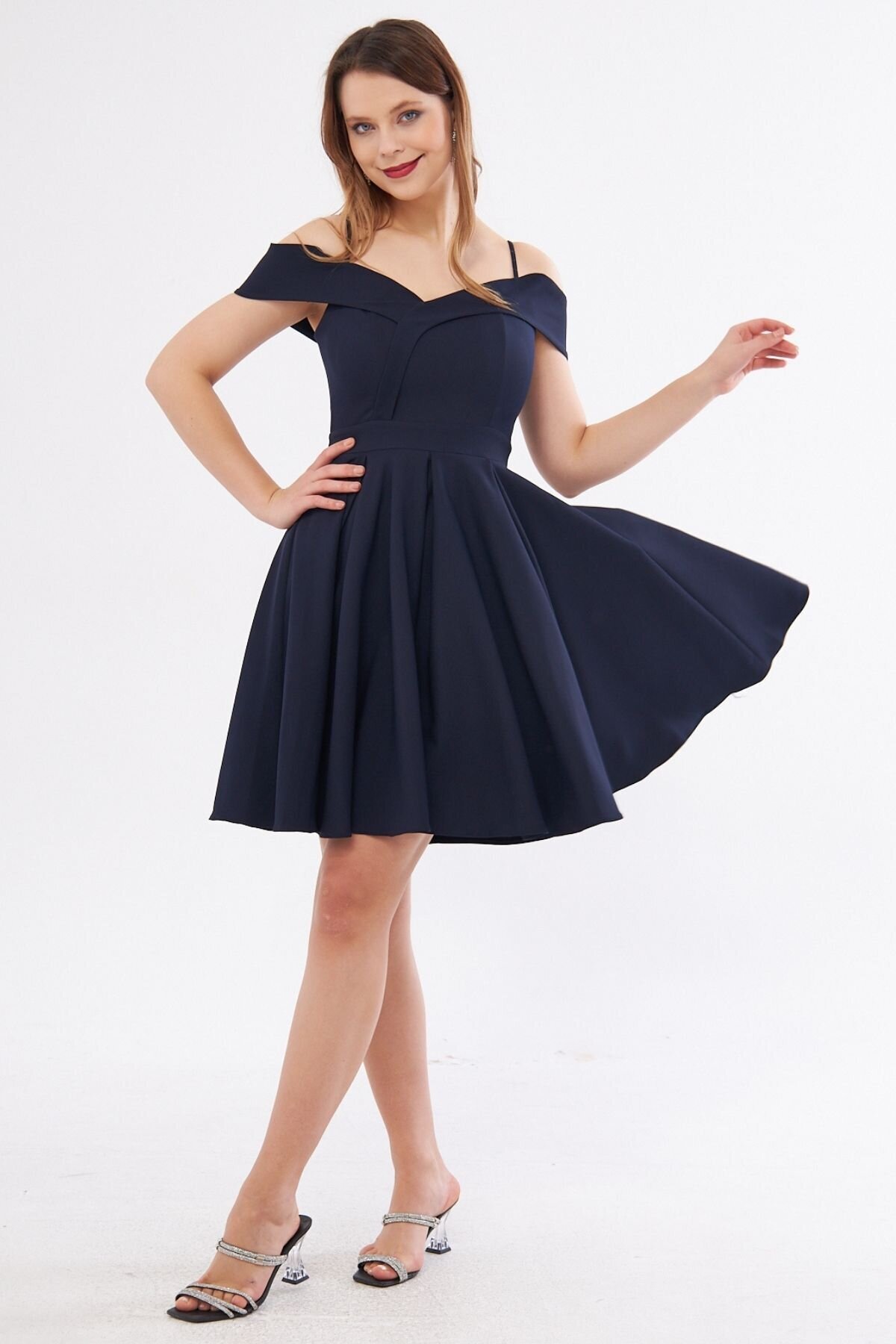 Mini Flared Pleated Strappy Evening Dress - Navy Blue - Bidoluelbise