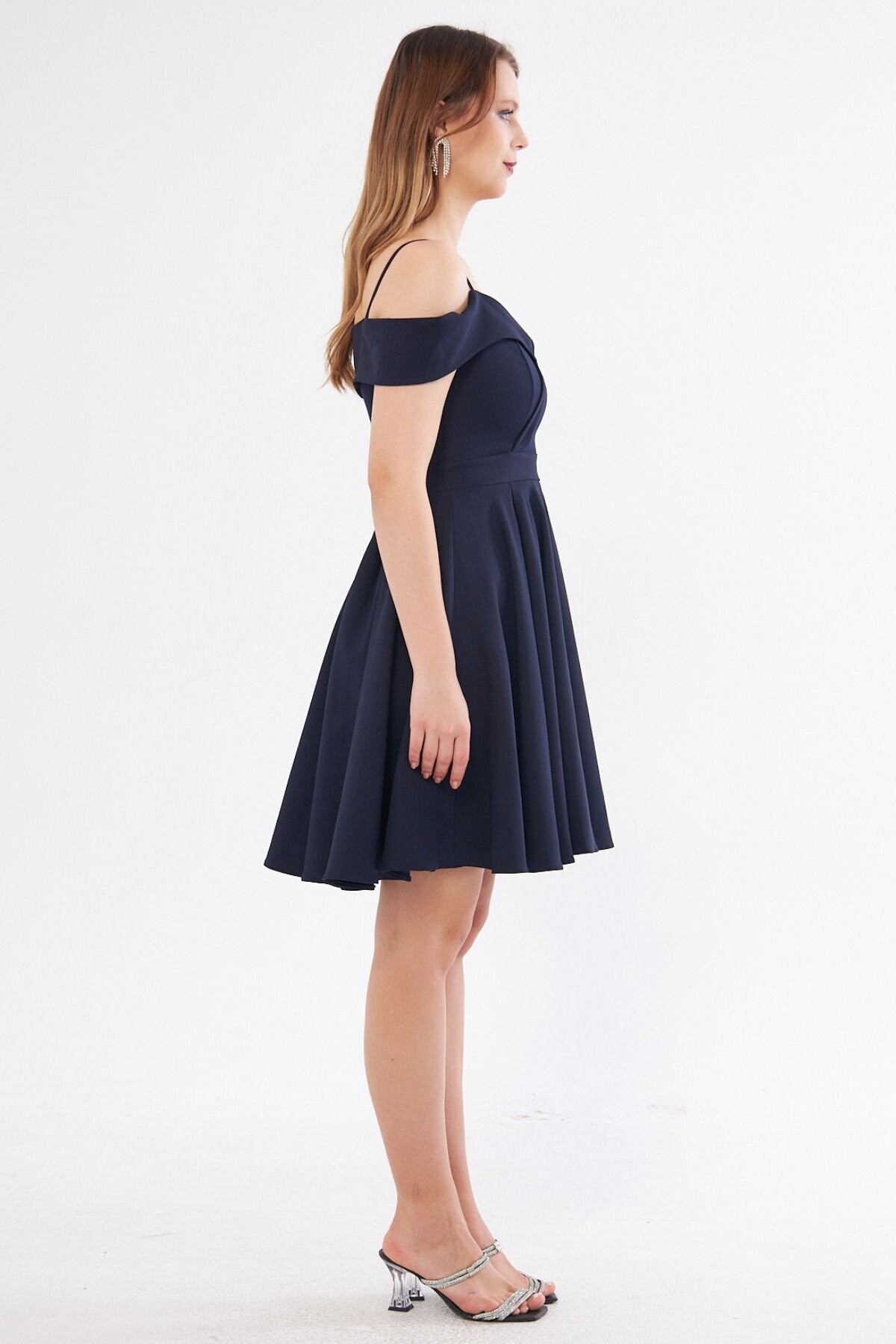 Mini Flared Pleated Strappy Evening Dress - Navy Blue - Bidoluelbise