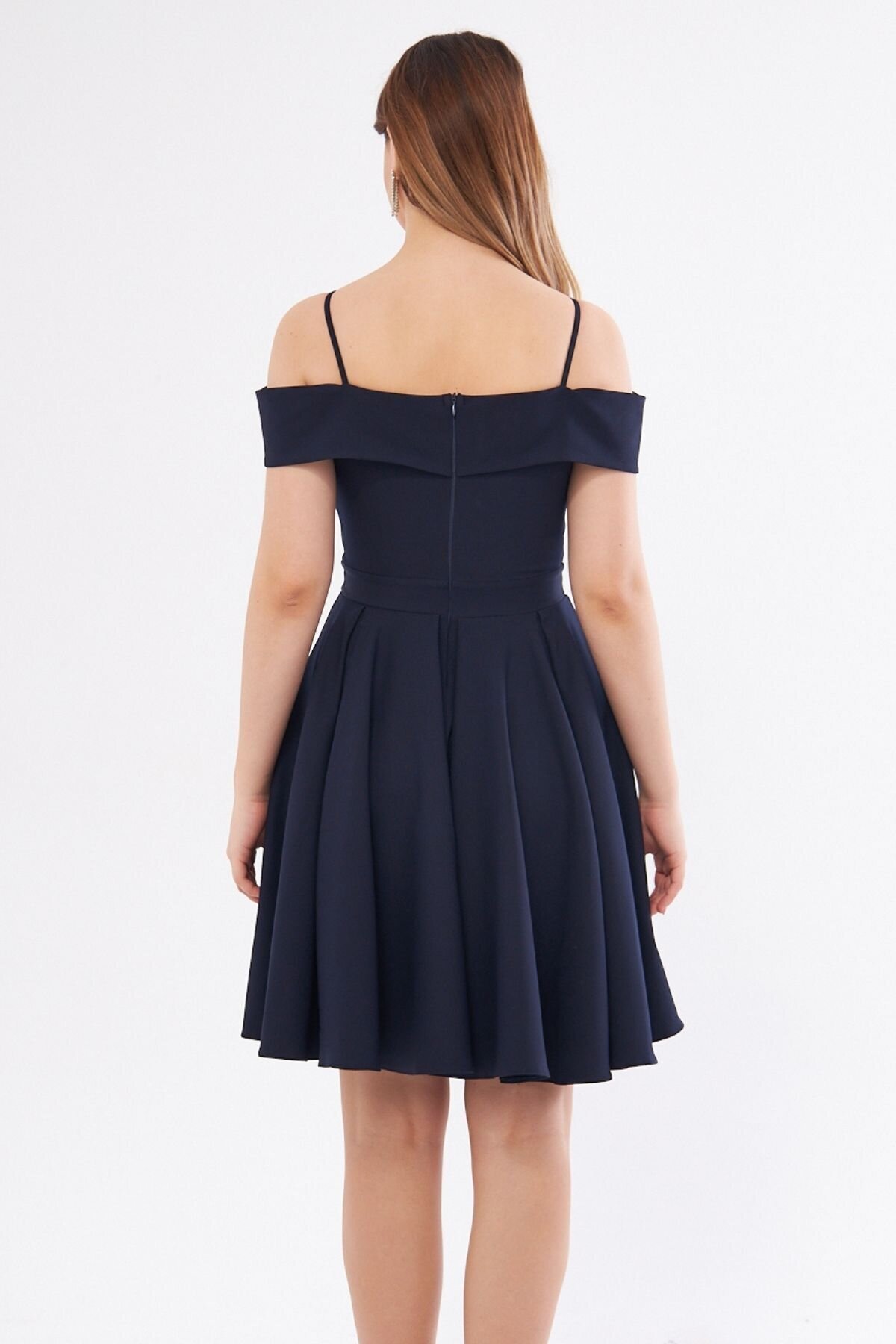 Mini Flared Pleated Strappy Evening Dress - Navy Blue - Bidoluelbise